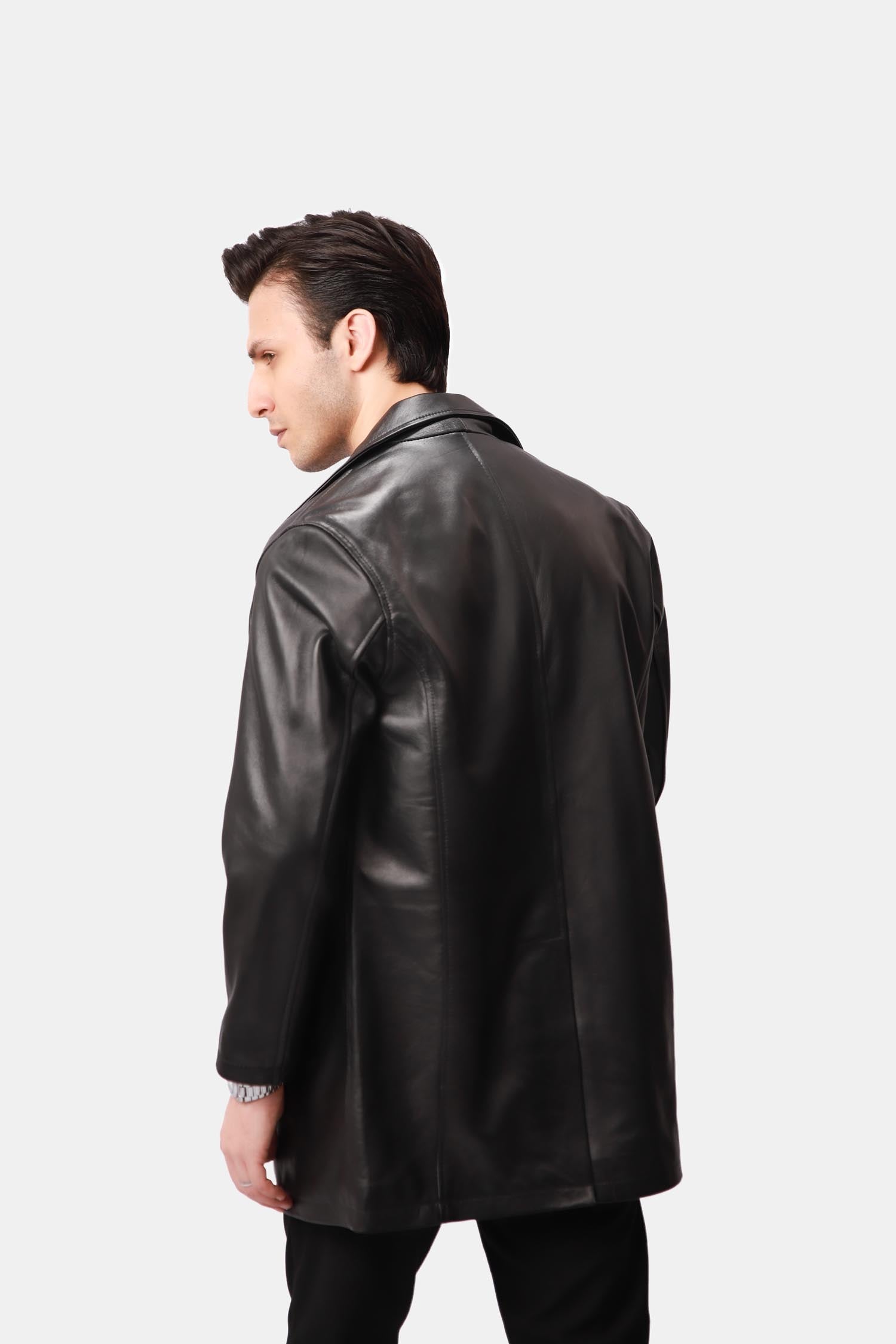 Grandeur Black Leather Pea Coat For Men