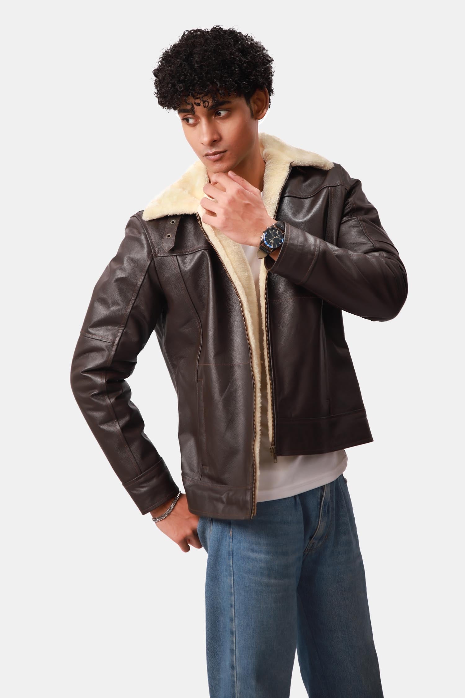 Theodore Pantone Brown B3 Bomber Shearling Leather Jacket For Men