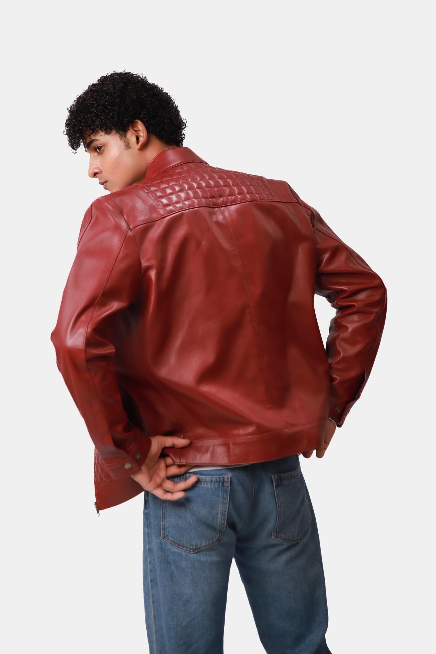Warlord Deep Scarlet Red Bomber Style Quilted Leather Jacket For Men