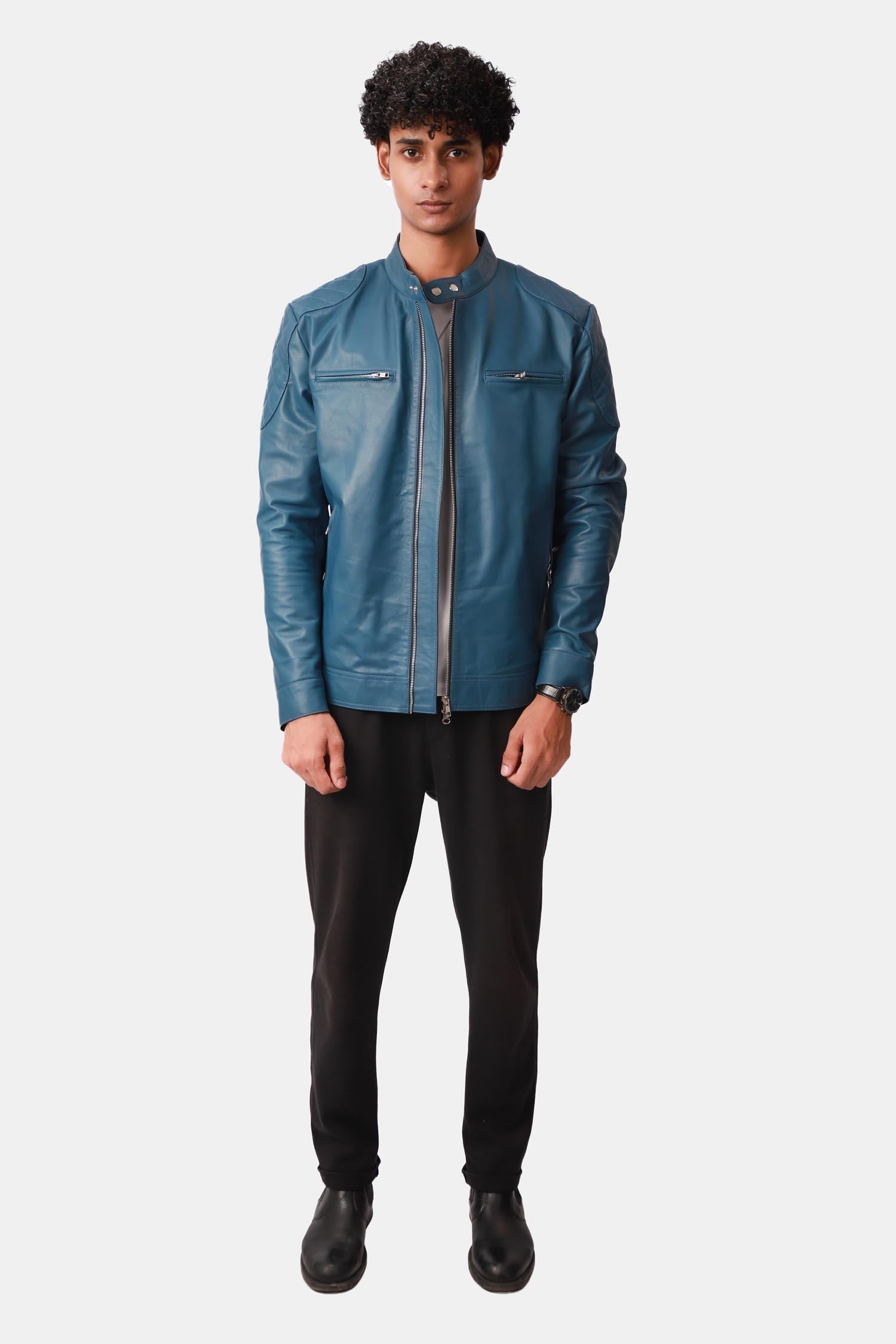 Streety Crystal Teal Blue Cafe Racer Leather Jacket For Men