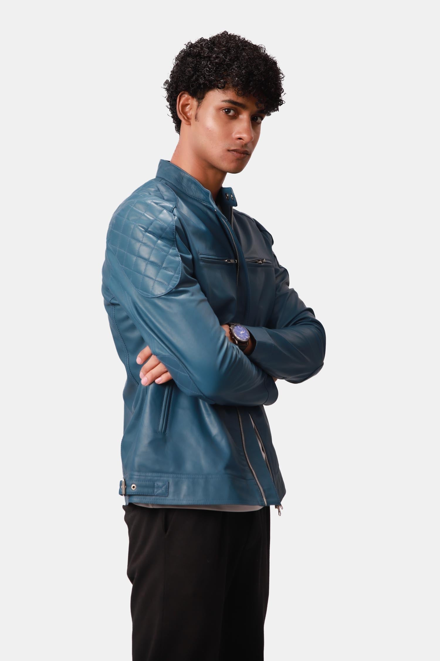 Streety Crystal Teal Blue Cafe Racer Leather Jacket For Men