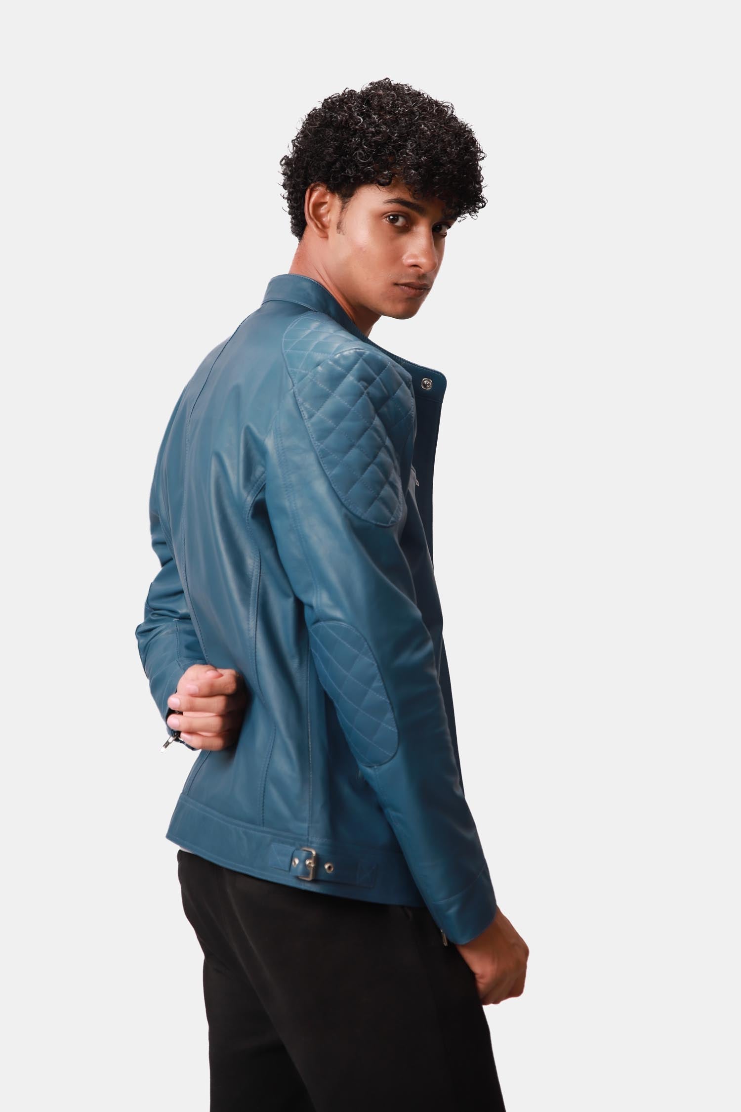 Streety Crystal Teal Blue Cafe Racer Leather Jacket For Men