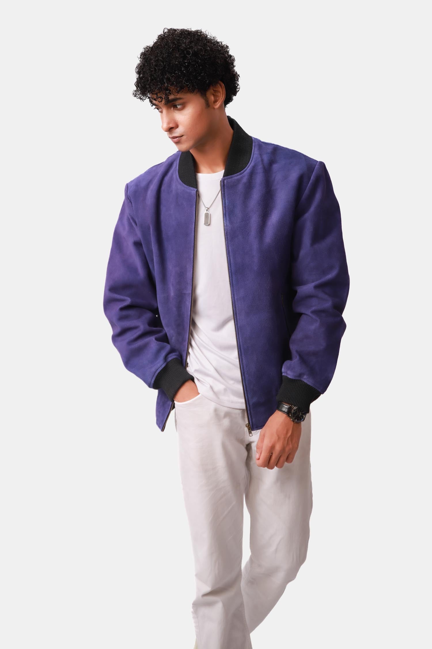 Solitaire Indigo Suede Leather Bomber Jacket For Men