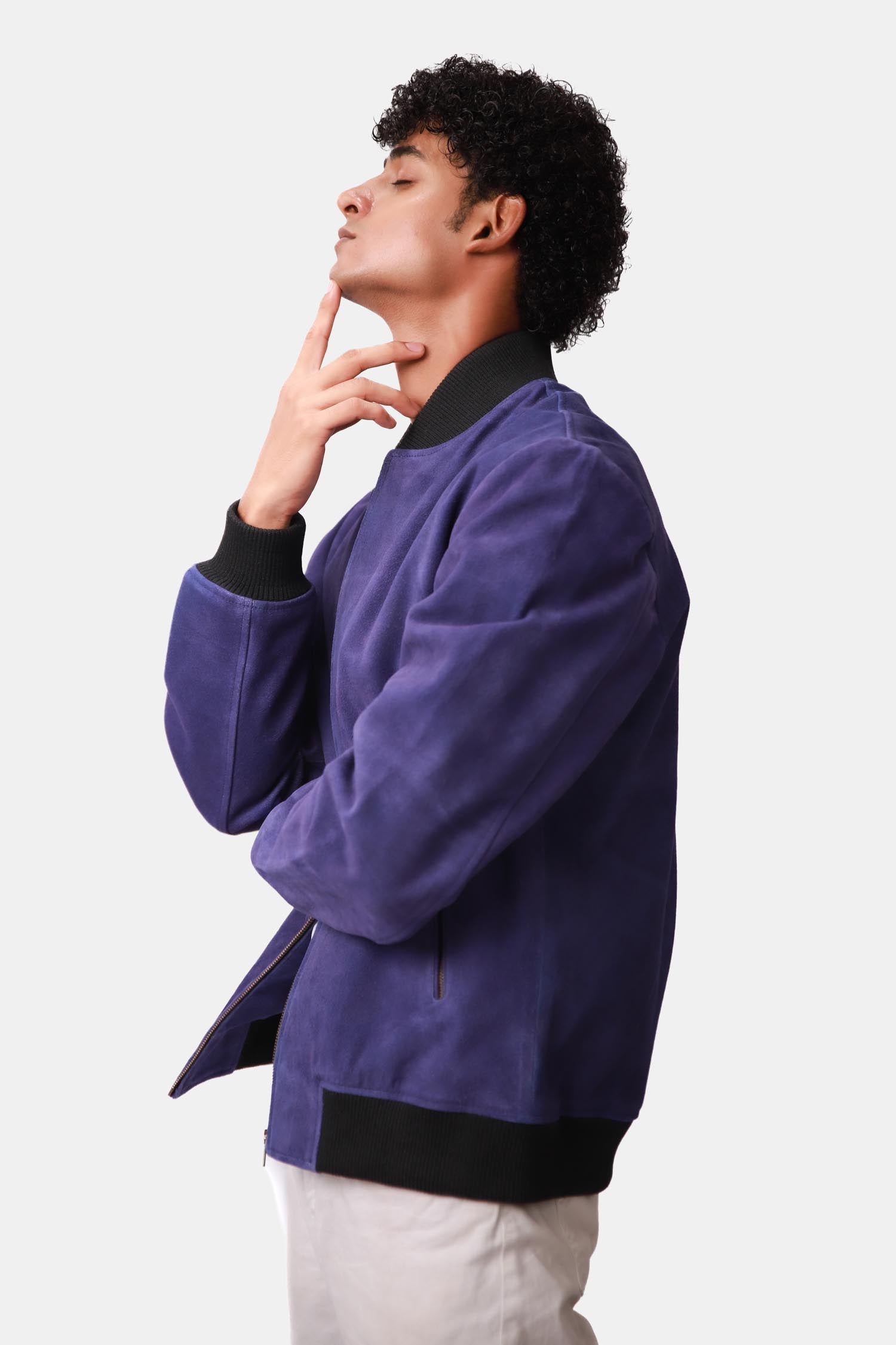 Solitaire Indigo Suede Leather Bomber Jacket For Men