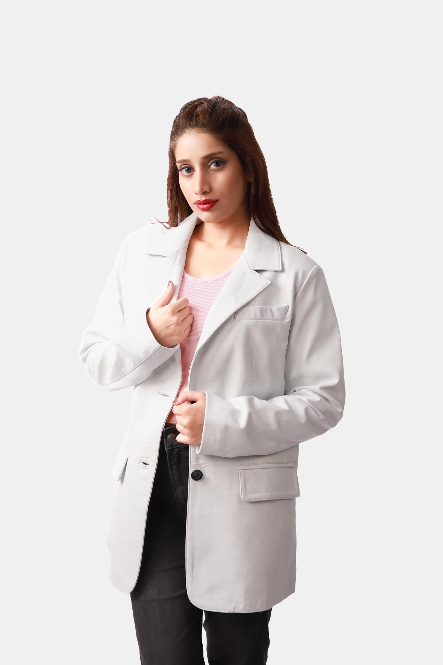 Icing White Leather Blazer Coat For Women