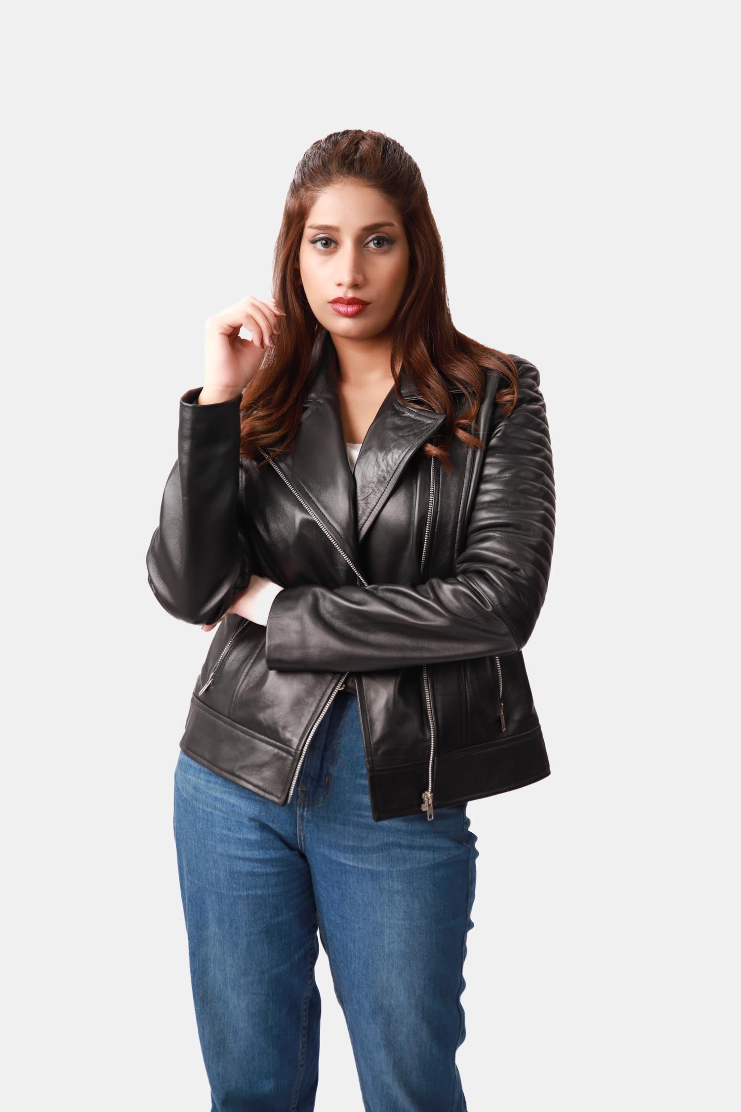 Lyra Black Leather Ribbed Pattern Biker Jacket For Women