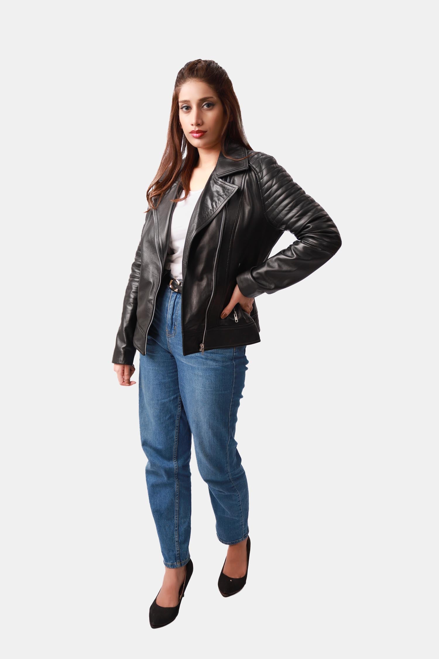 Lyra Black Leather Ribbed Pattern Biker Jacket For Women