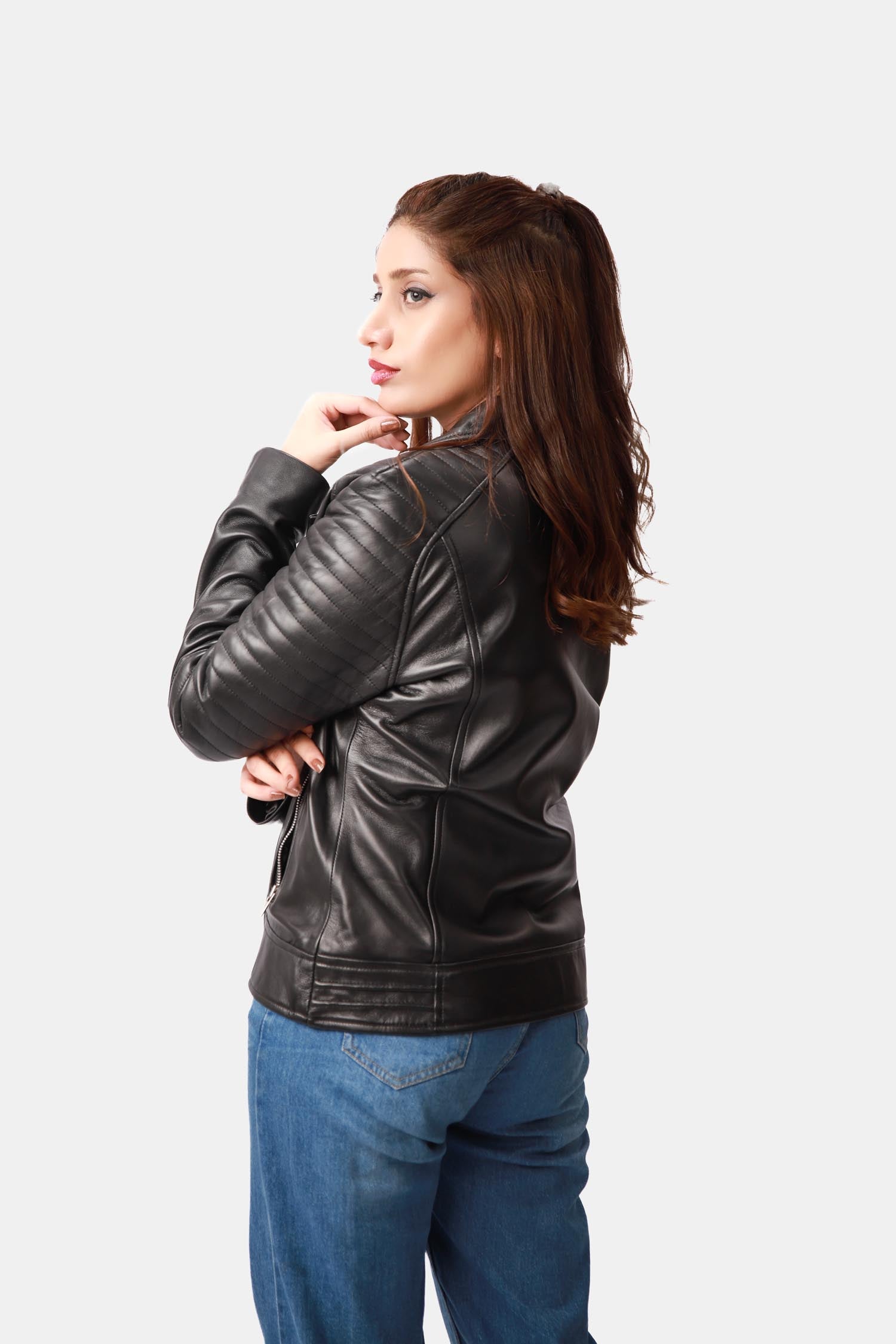 Lyra Black Leather Ribbed Pattern Biker Jacket For Women