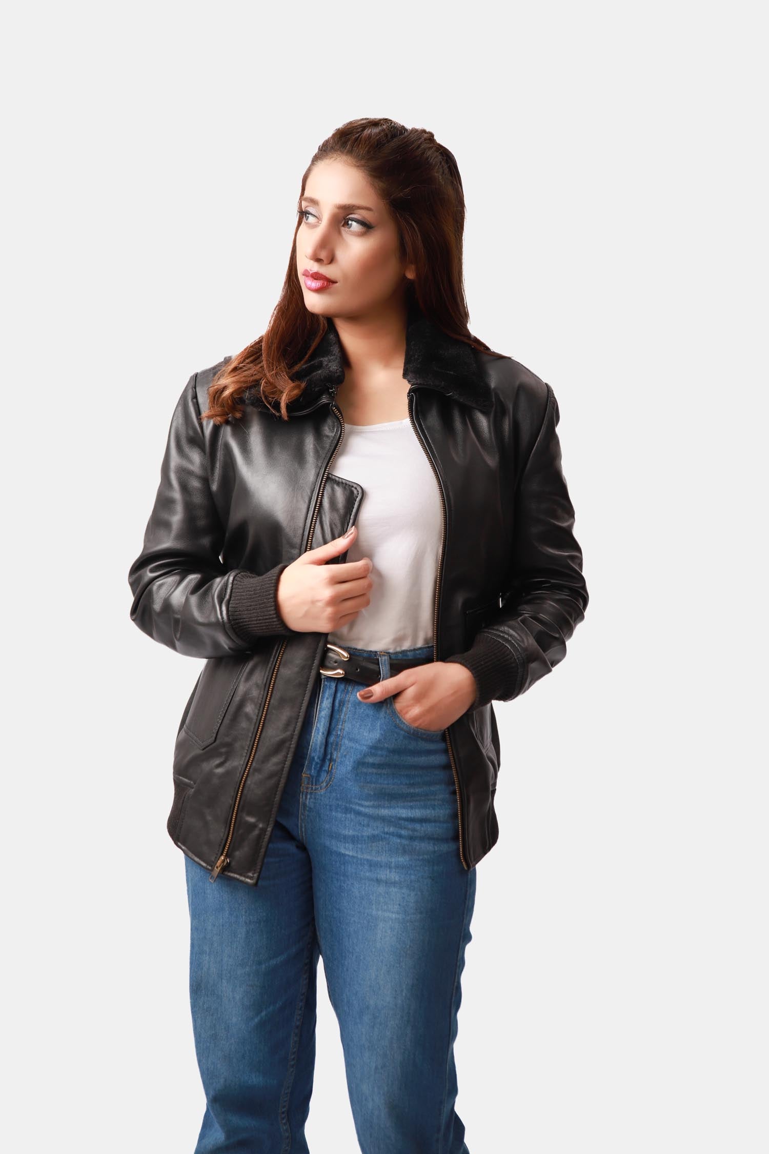 Lyrical Black Leather Bomber Jacket For Women