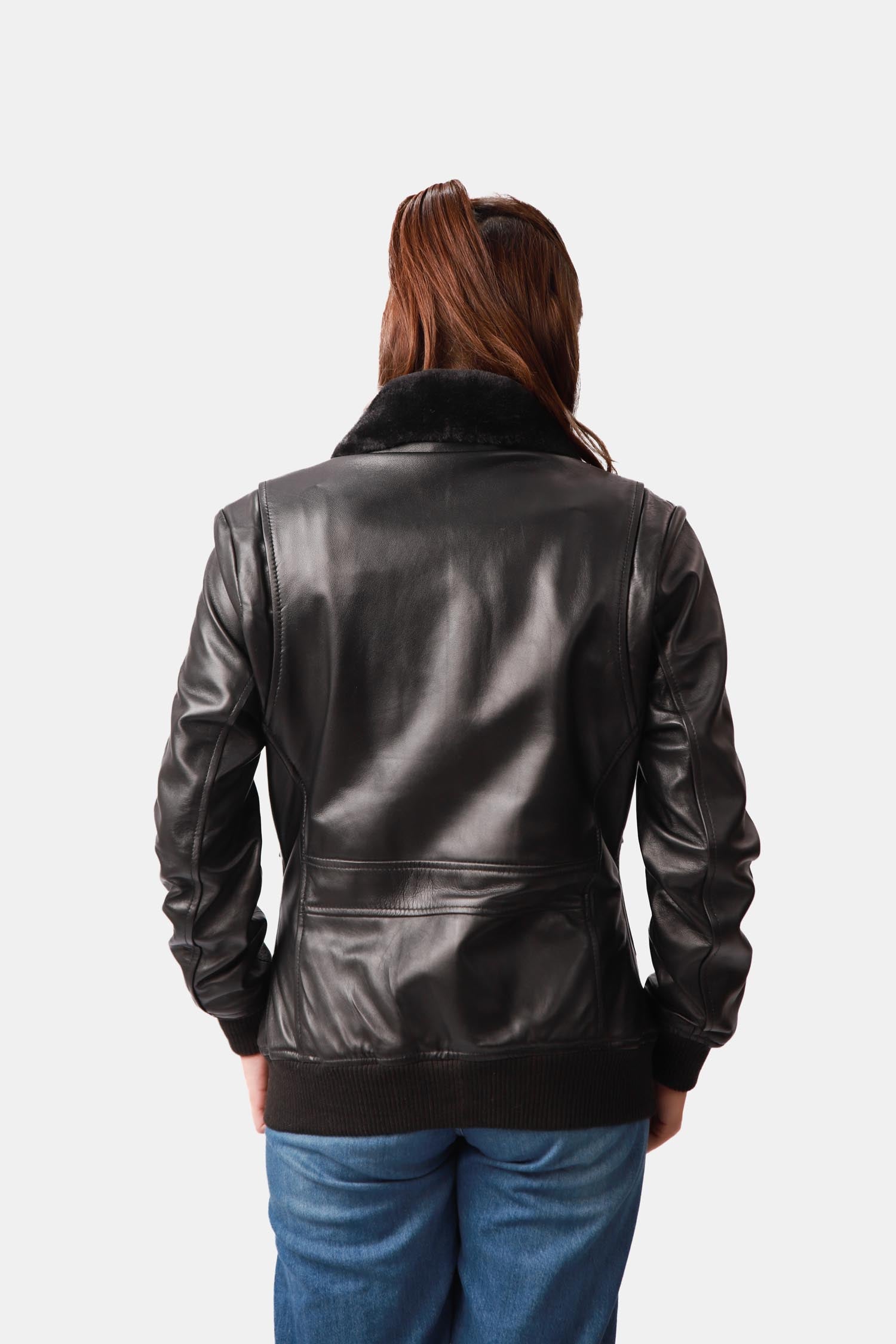 Lyrical Black Leather Bomber Jacket For Women