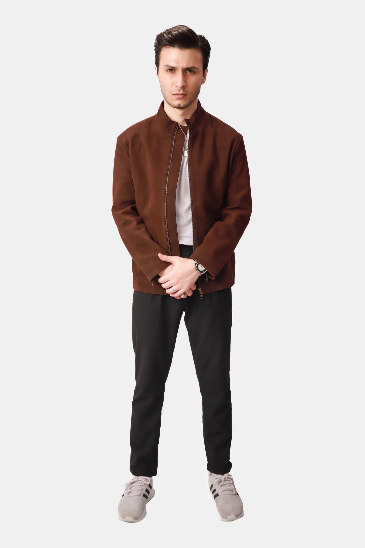 Mackenzie Dark Brown Suede Leather Biker Jacket For Men