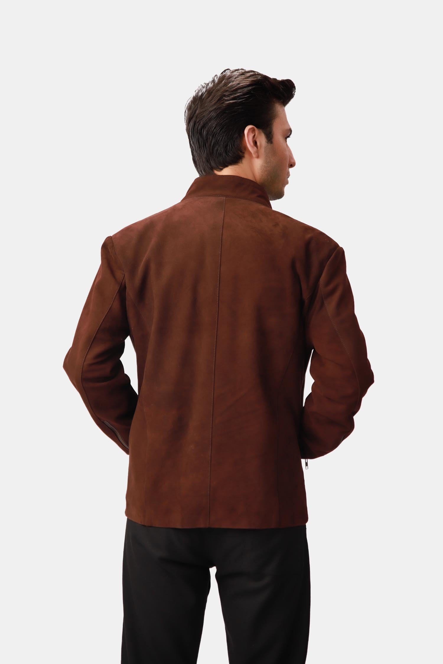 Mackenzie Dark Brown Suede Leather Biker Jacket For Men