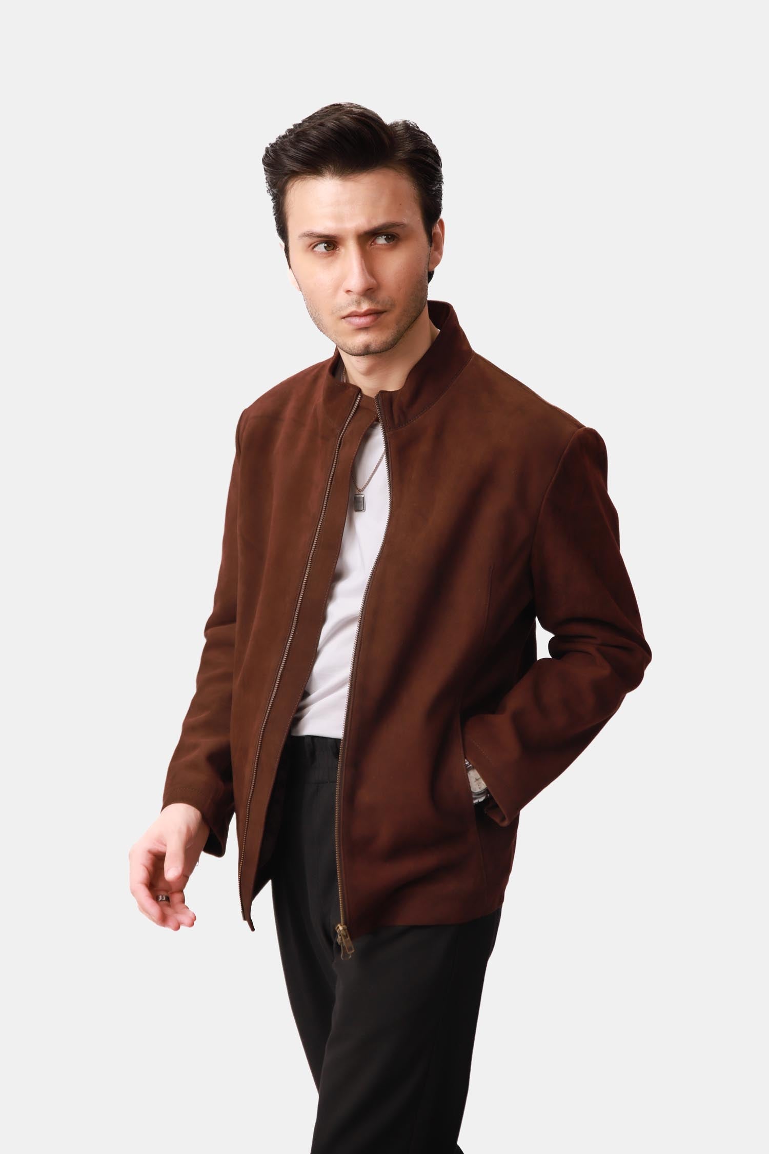 Mackenzie Dark Brown Suede Leather Biker Jacket For Men