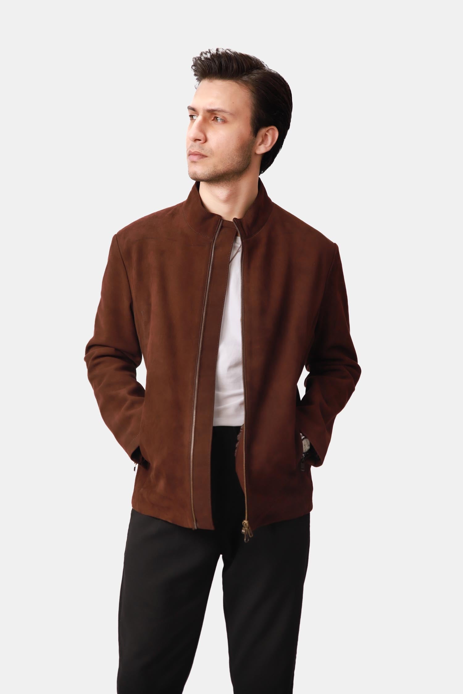Mackenzie Dark Brown Suede Leather Biker Jacket For Men