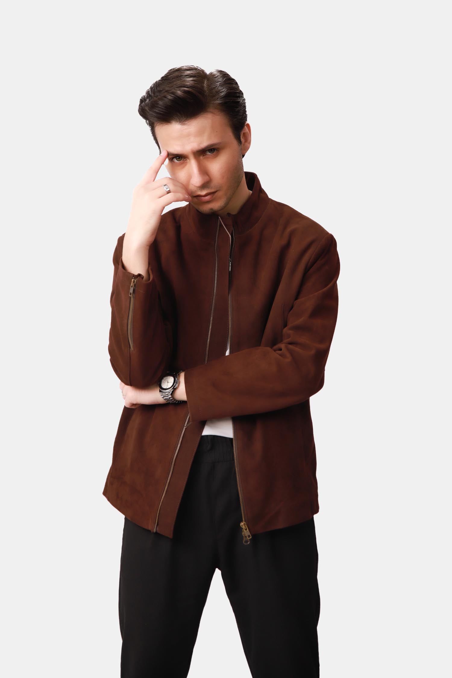 Mackenzie Dark Brown Suede Leather Biker Jacket For Men