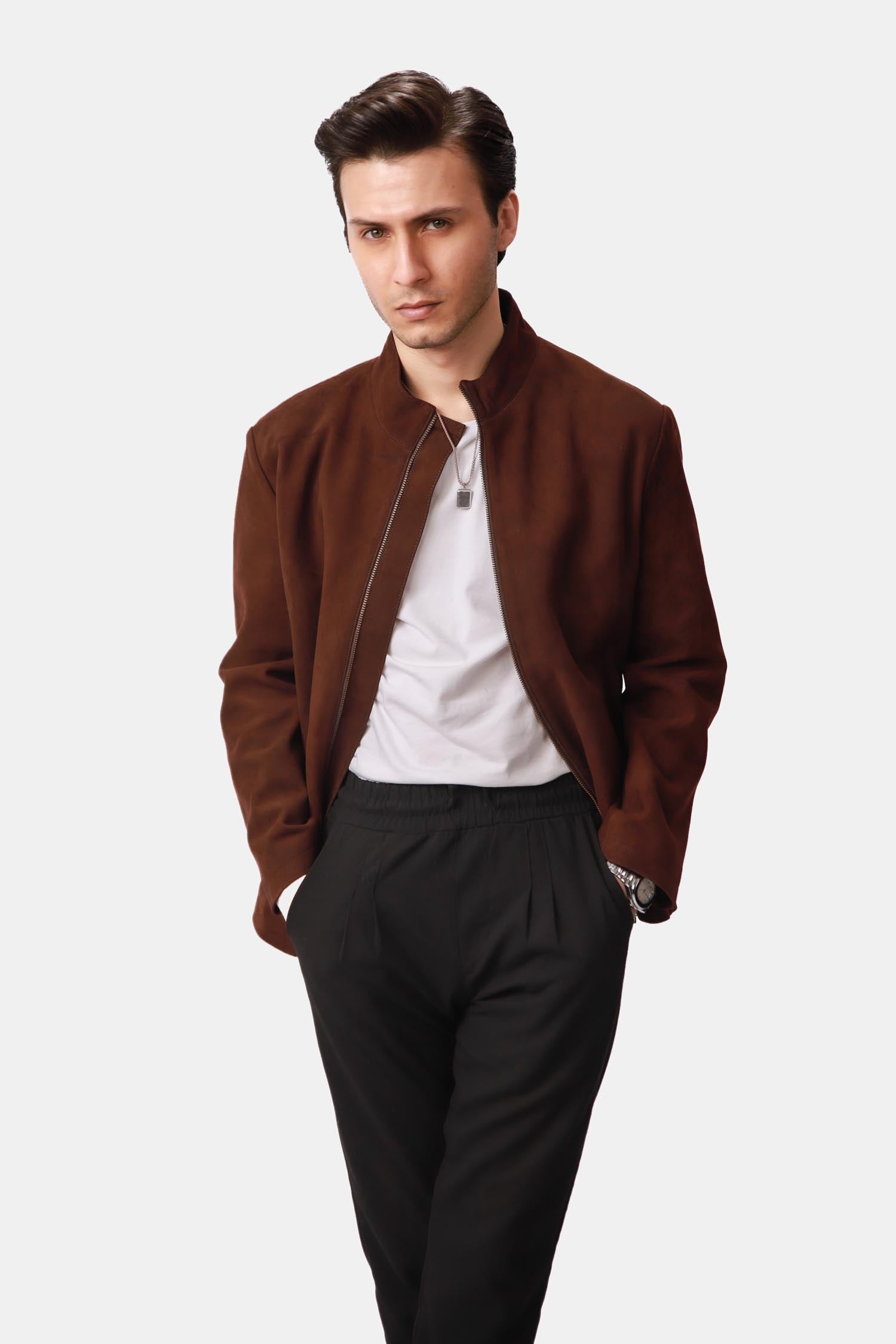 Mackenzie Dark Brown Suede Leather Biker Jacket For Men