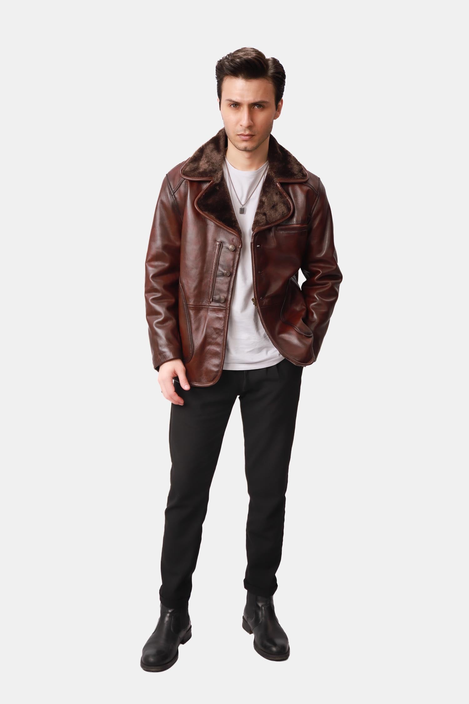 Brown Single-Breasted Leather PeaCoat