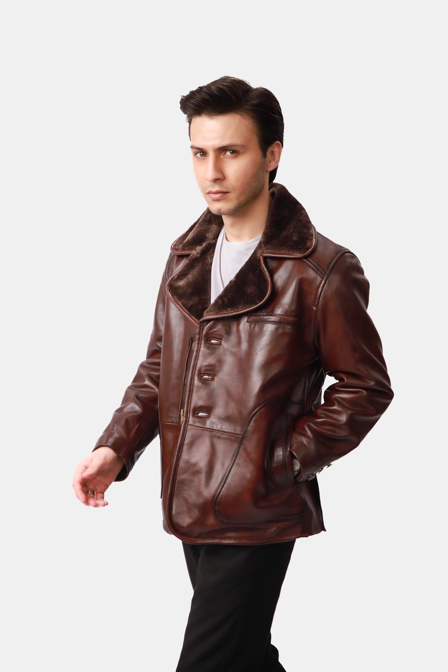 Brown Single-Breasted Leather PeaCoat