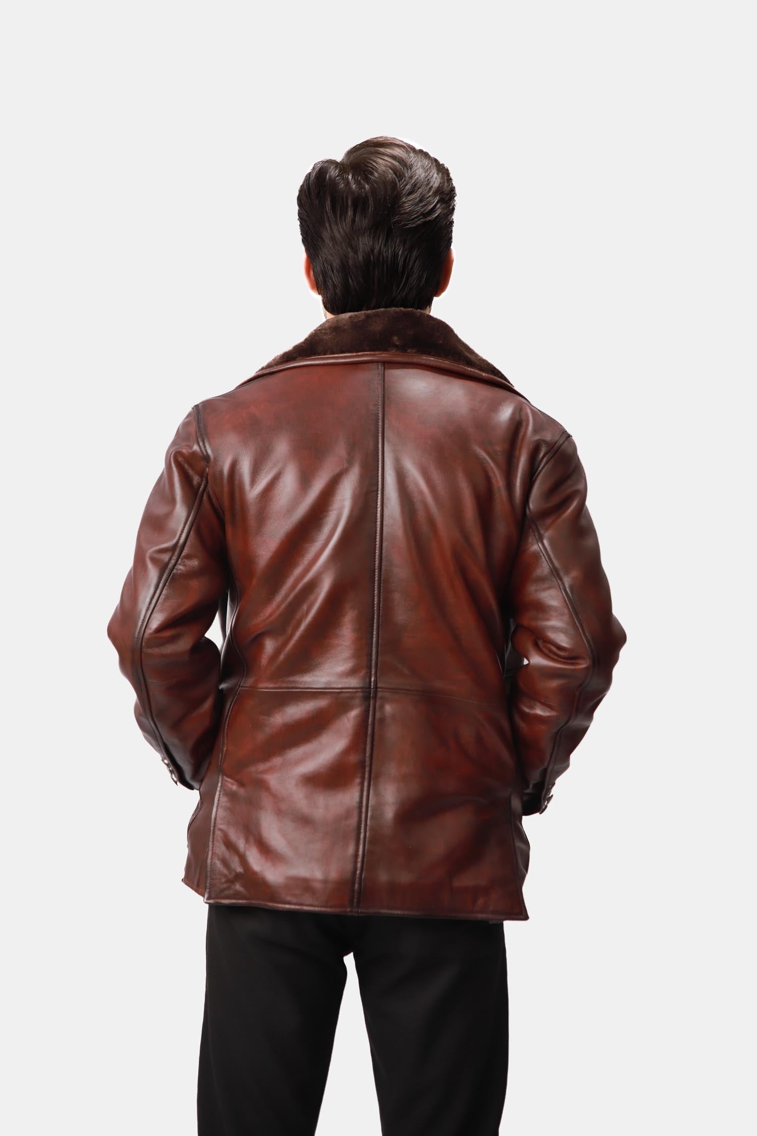 Brown Single-Breasted Leather PeaCoat