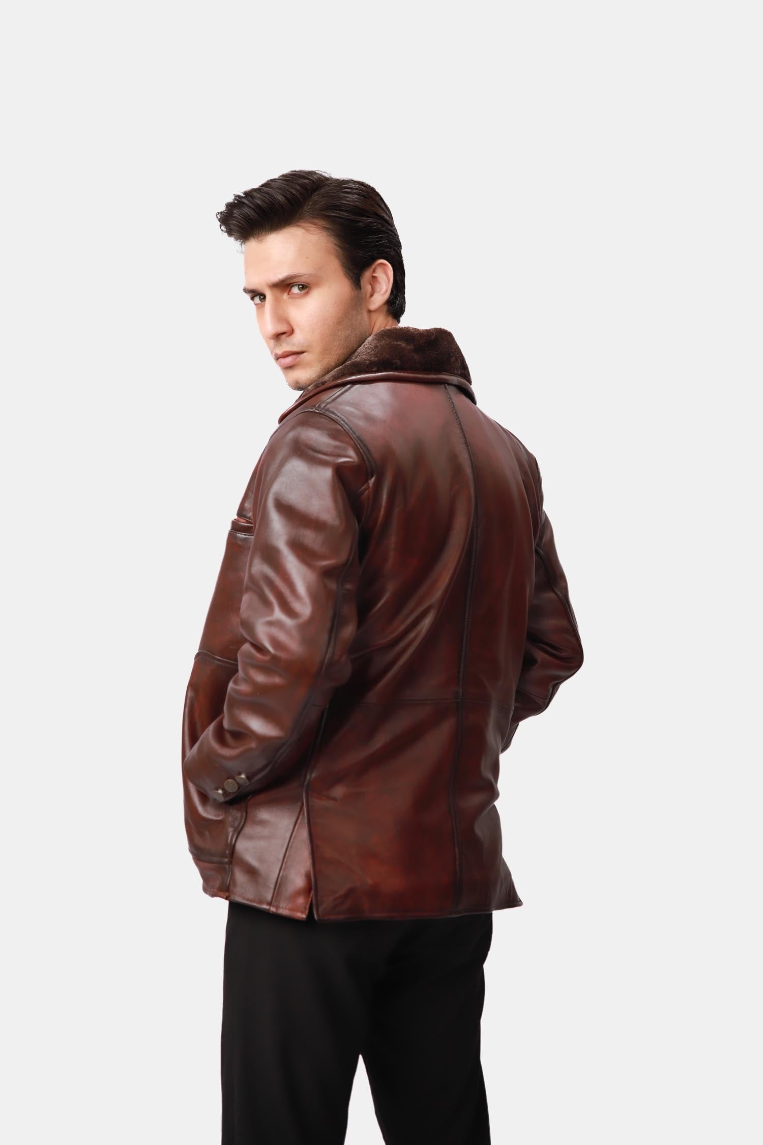 Brown Single-Breasted Leather PeaCoat