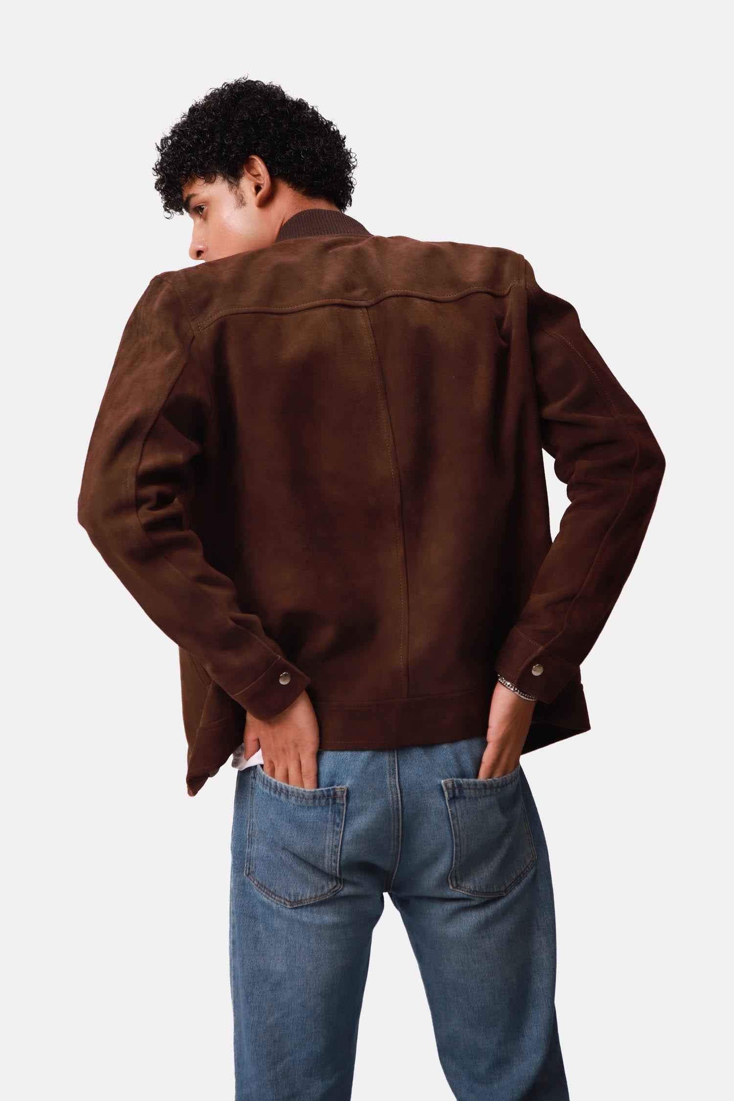 Brown Suede Leather Bomber Jacket