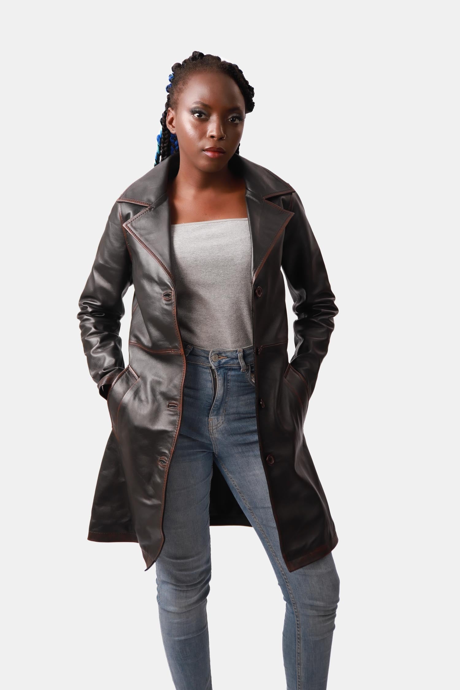 Black Single-Breasted Leather PeaCoat