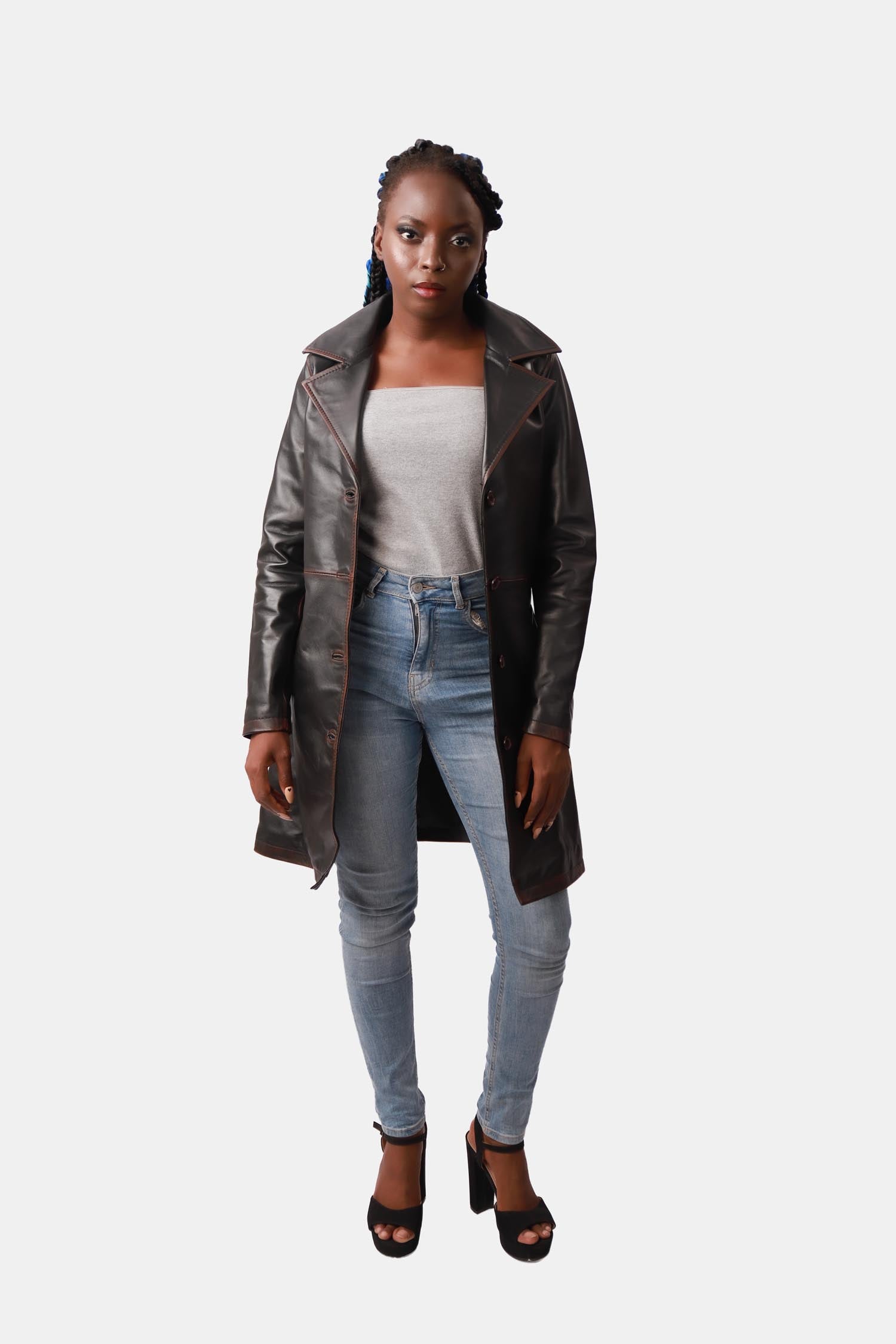 Black Single-Breasted Leather PeaCoat