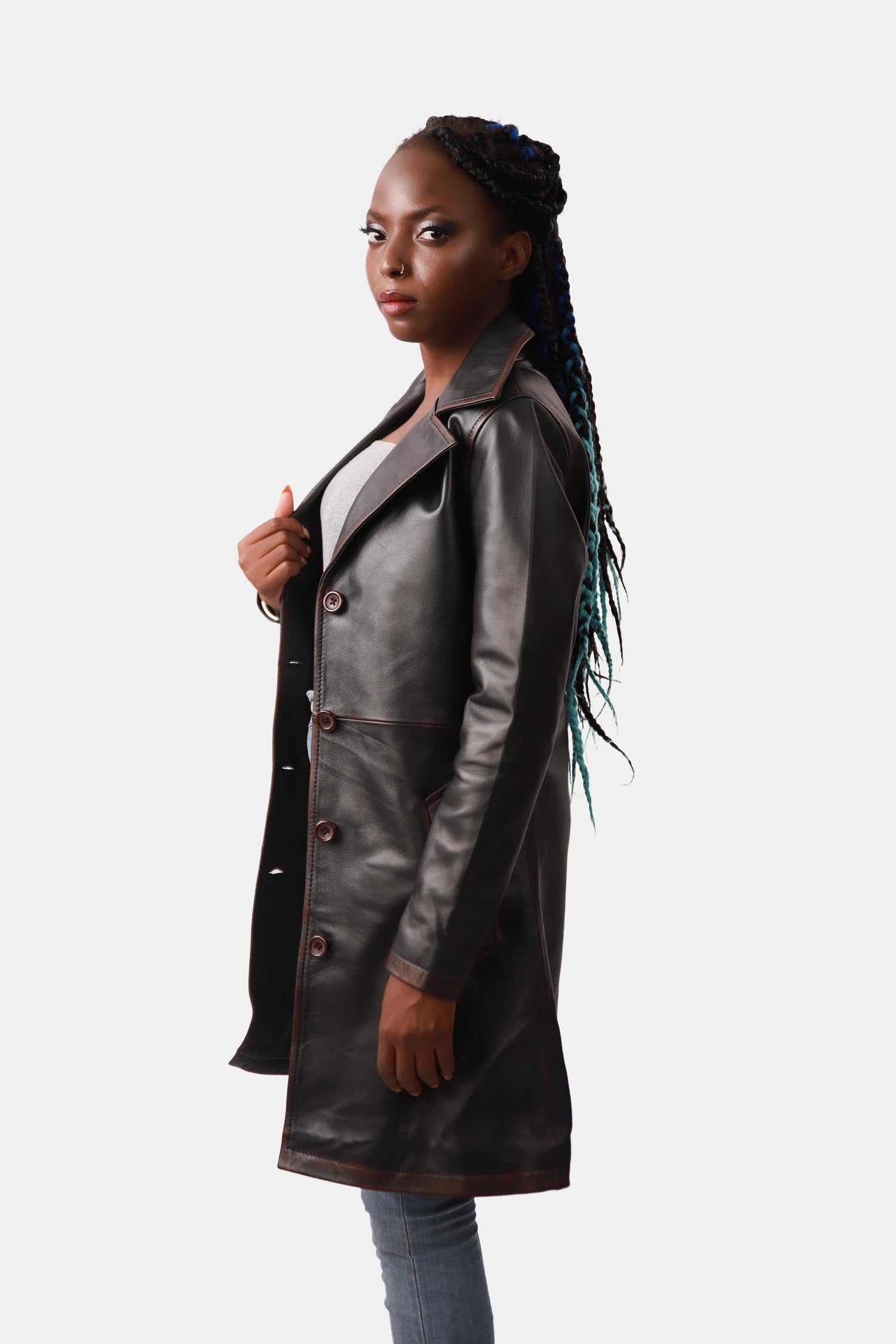 Black Single-Breasted Leather PeaCoat