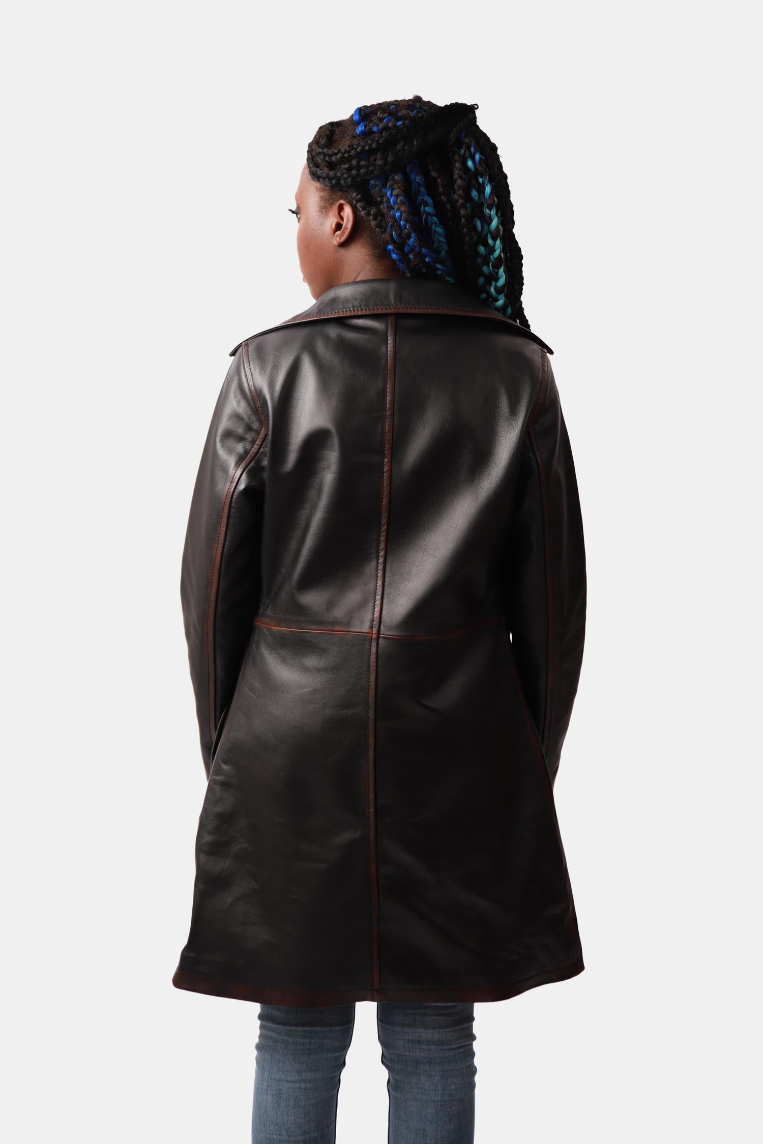 Black Single-Breasted Leather PeaCoat