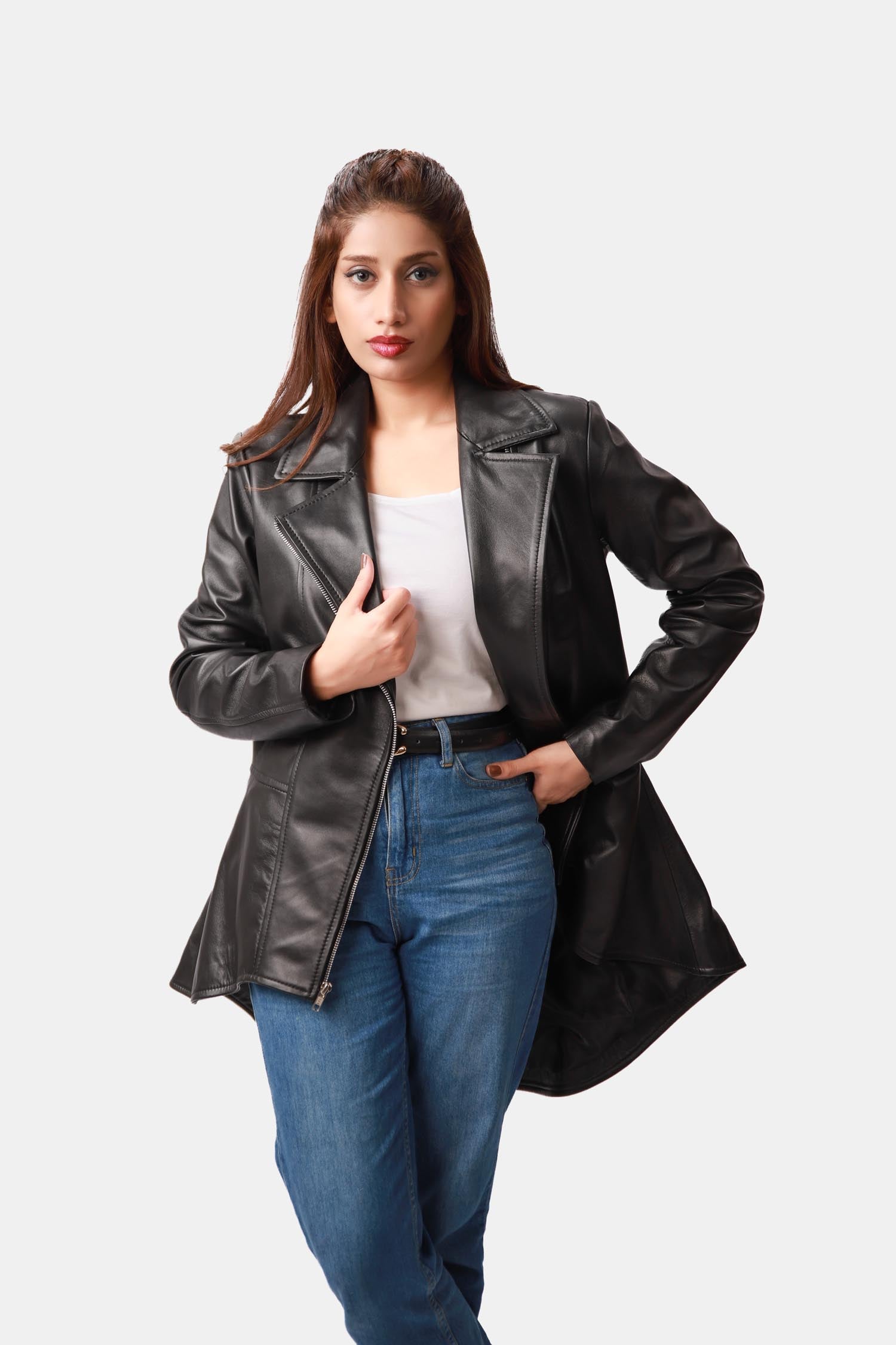 Mozart Black Leather Peplum Jacket For Women