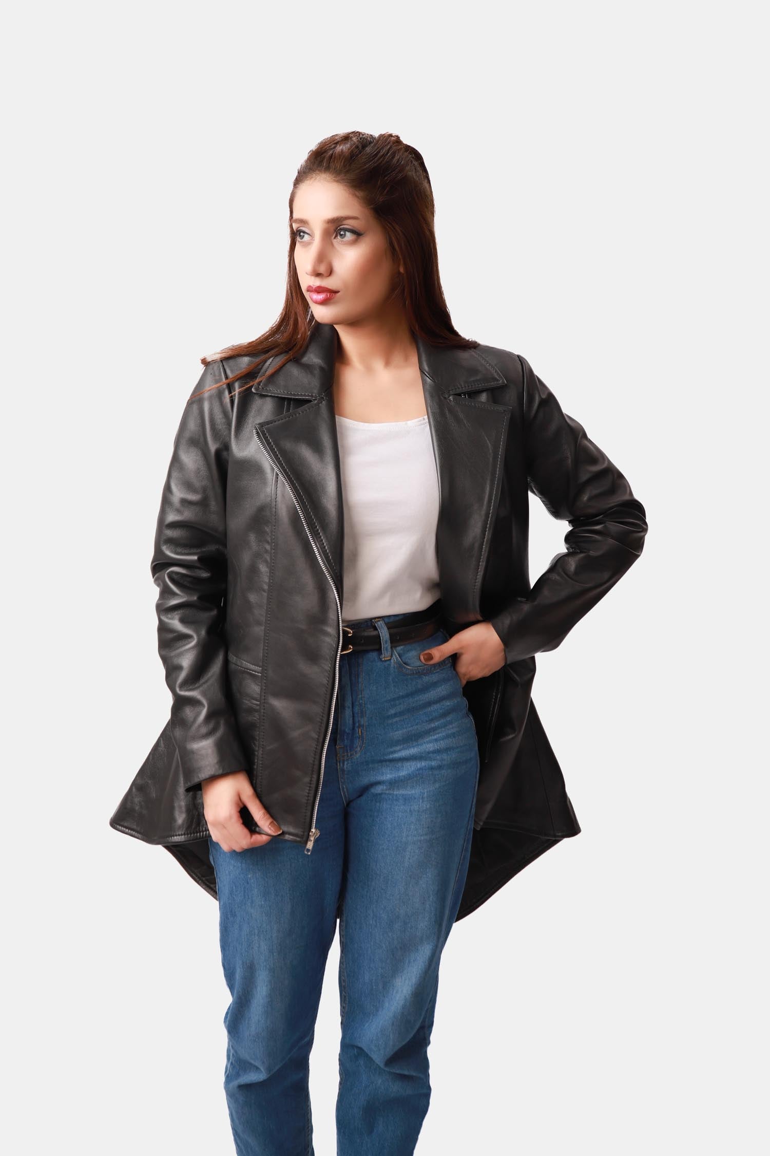 Mozart Black Leather Peplum Jacket For Women