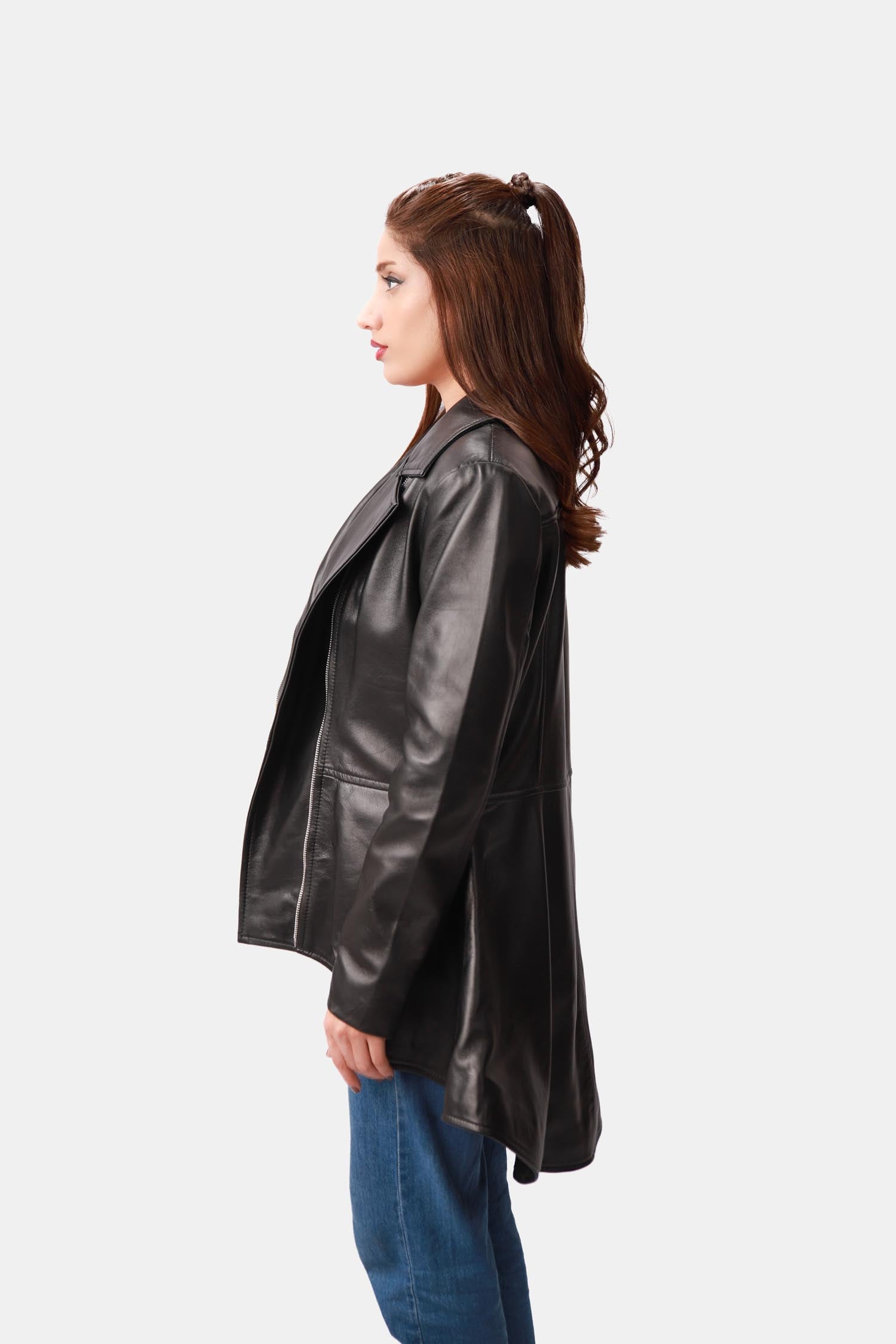 Mozart Black Leather Peplum Jacket For Women