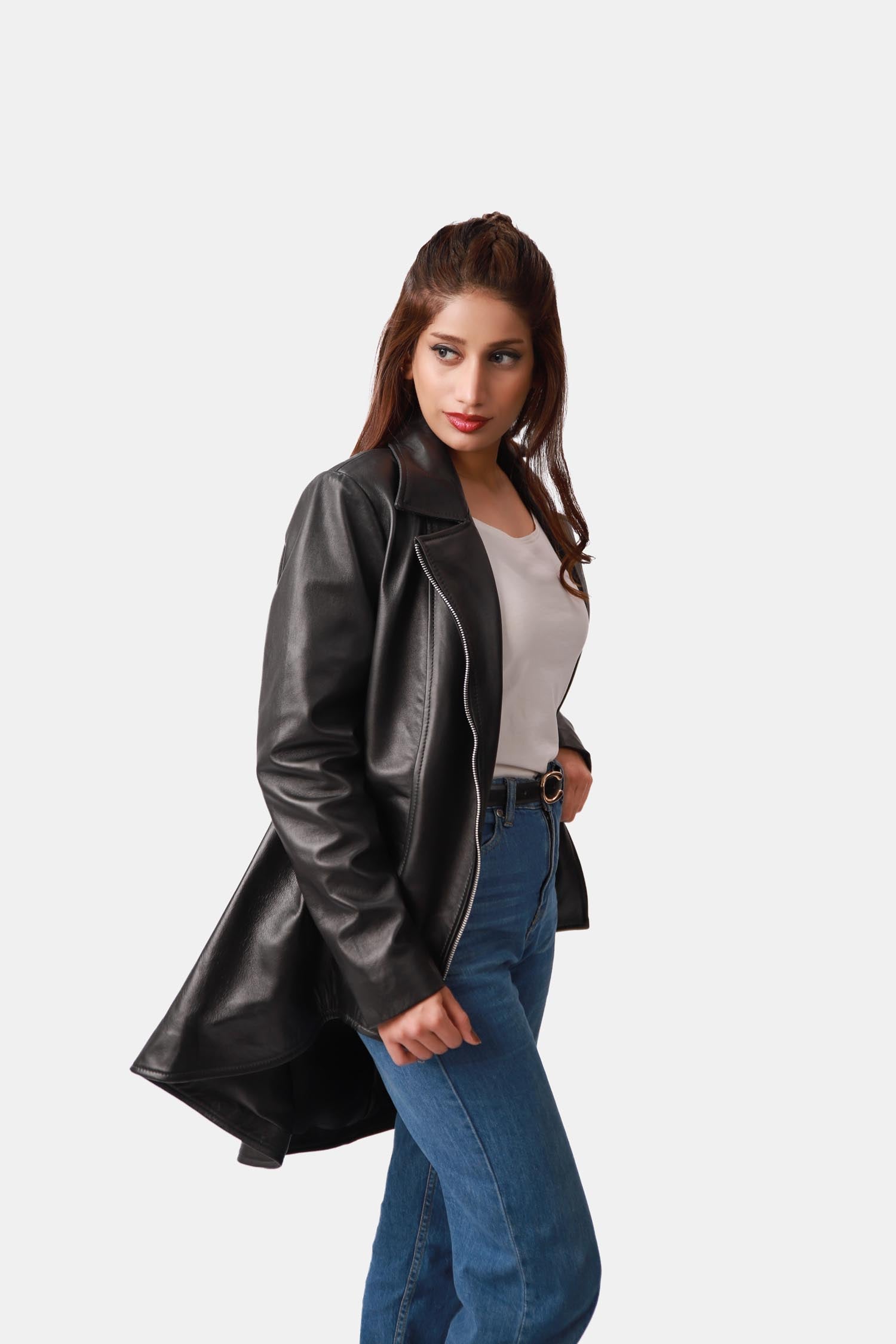 Mozart Black Leather Peplum Jacket For Women