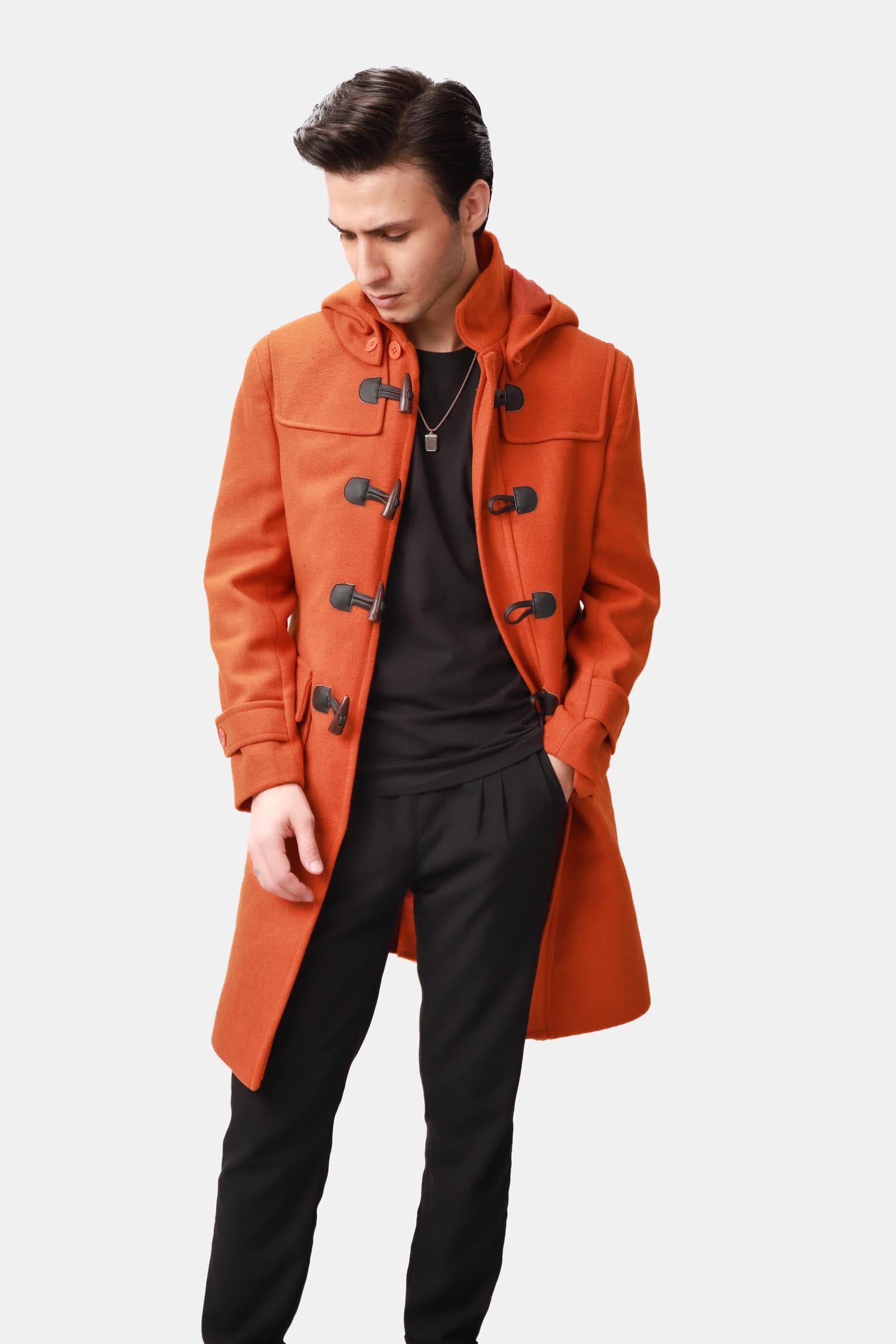 Musefire Orange Wool Duffle Coat with Hood For Men