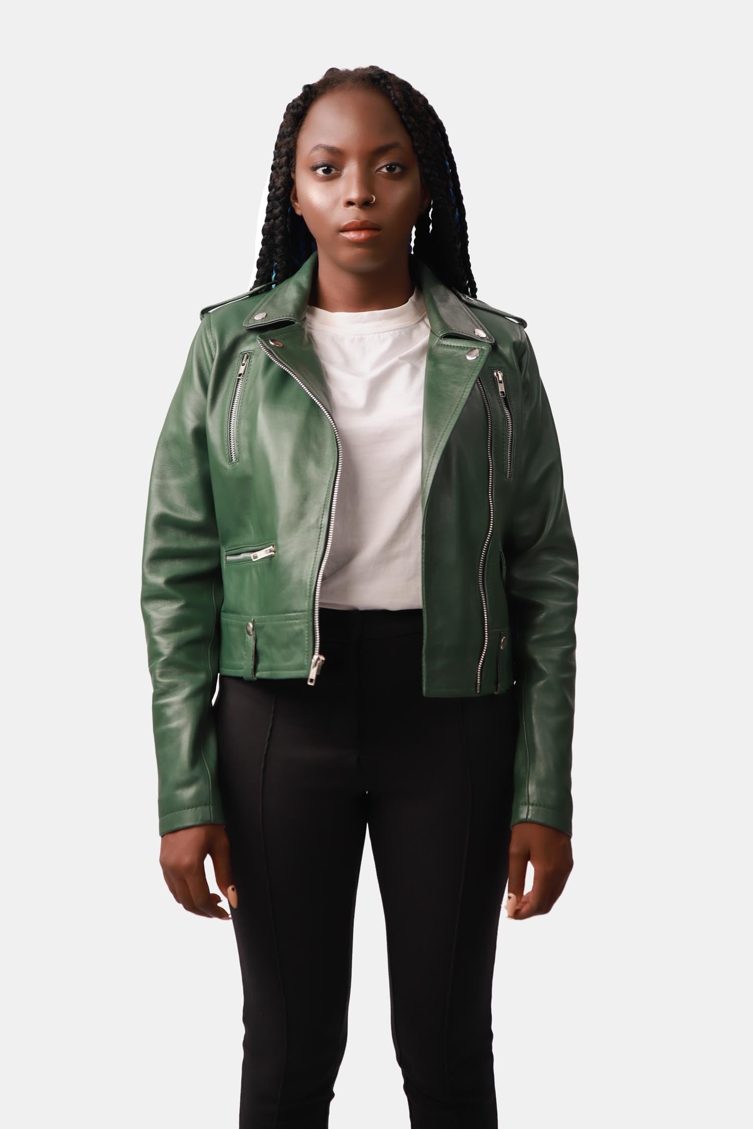Mythic Dark Green Biker Leather Jacket For Women