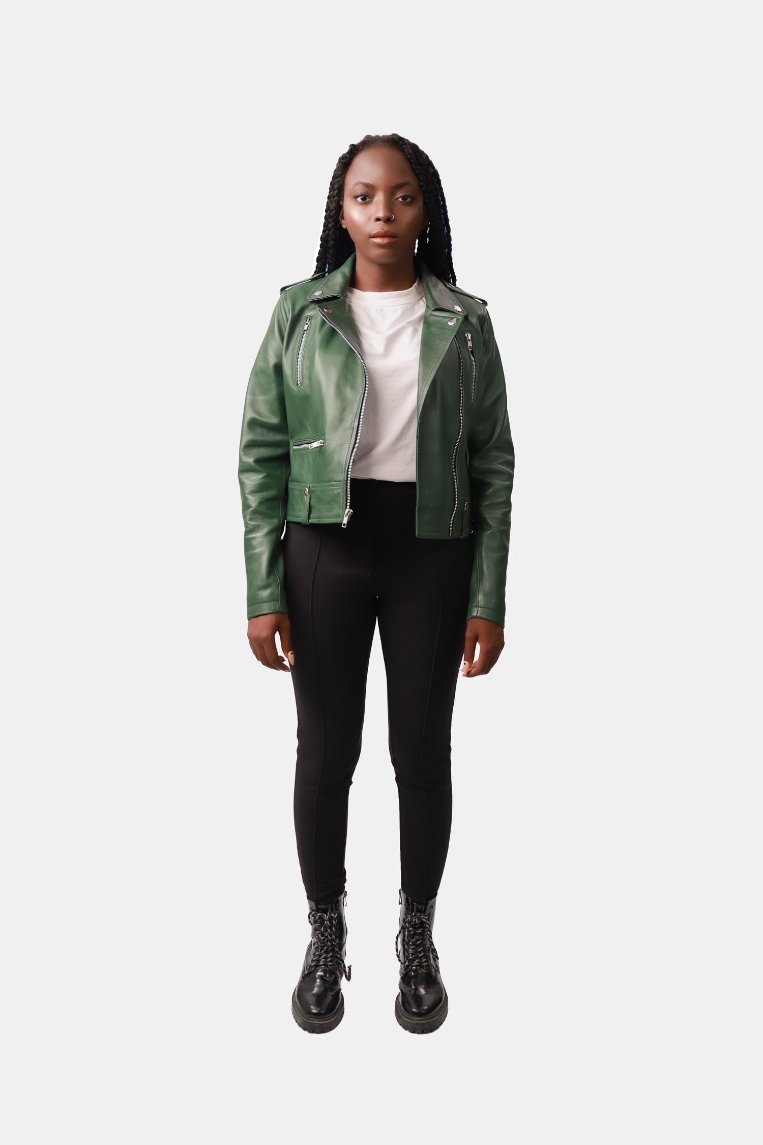 Mythic Dark Green Biker Leather Jacket For Women