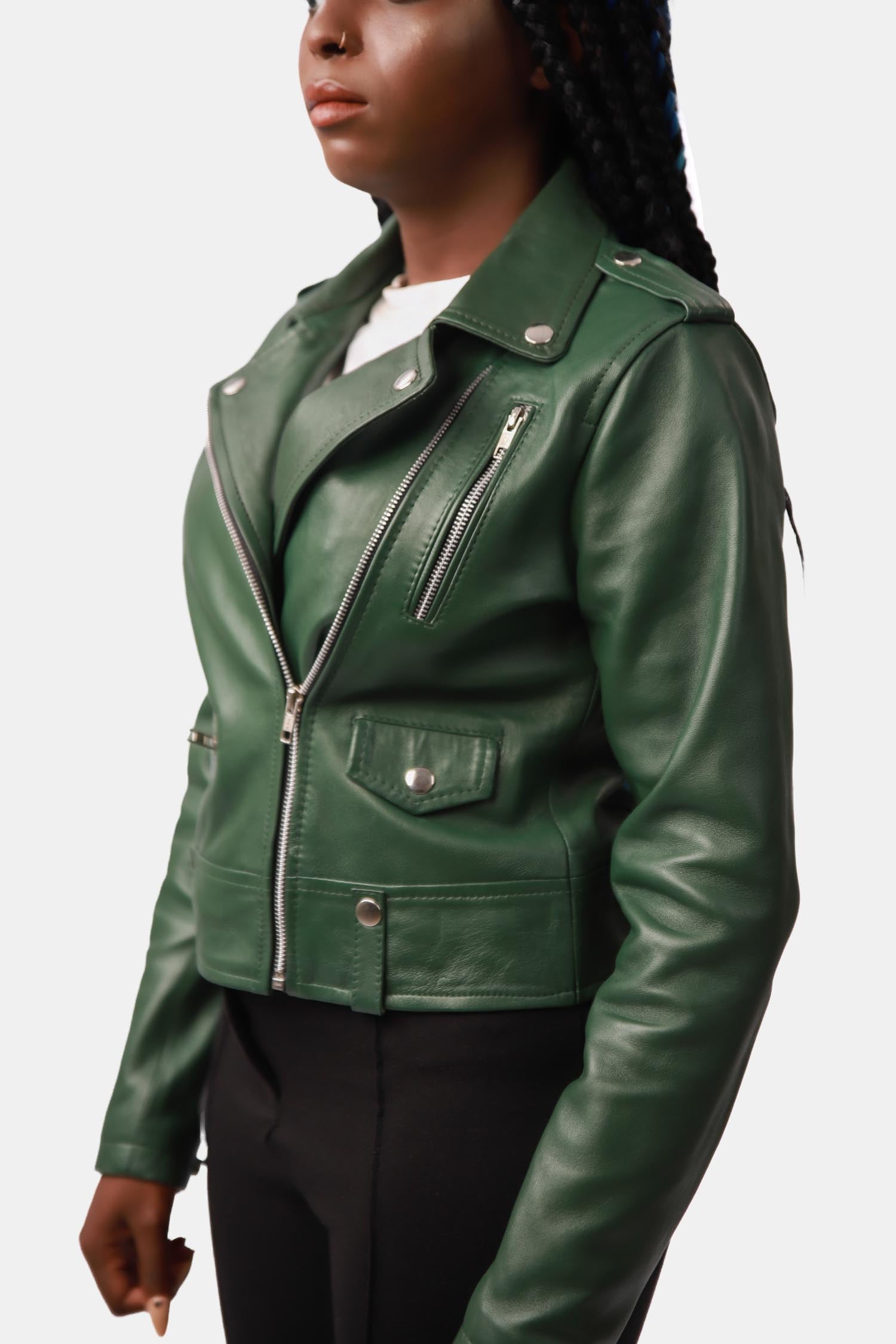 Mythic Dark Green Biker Leather Jacket For Women