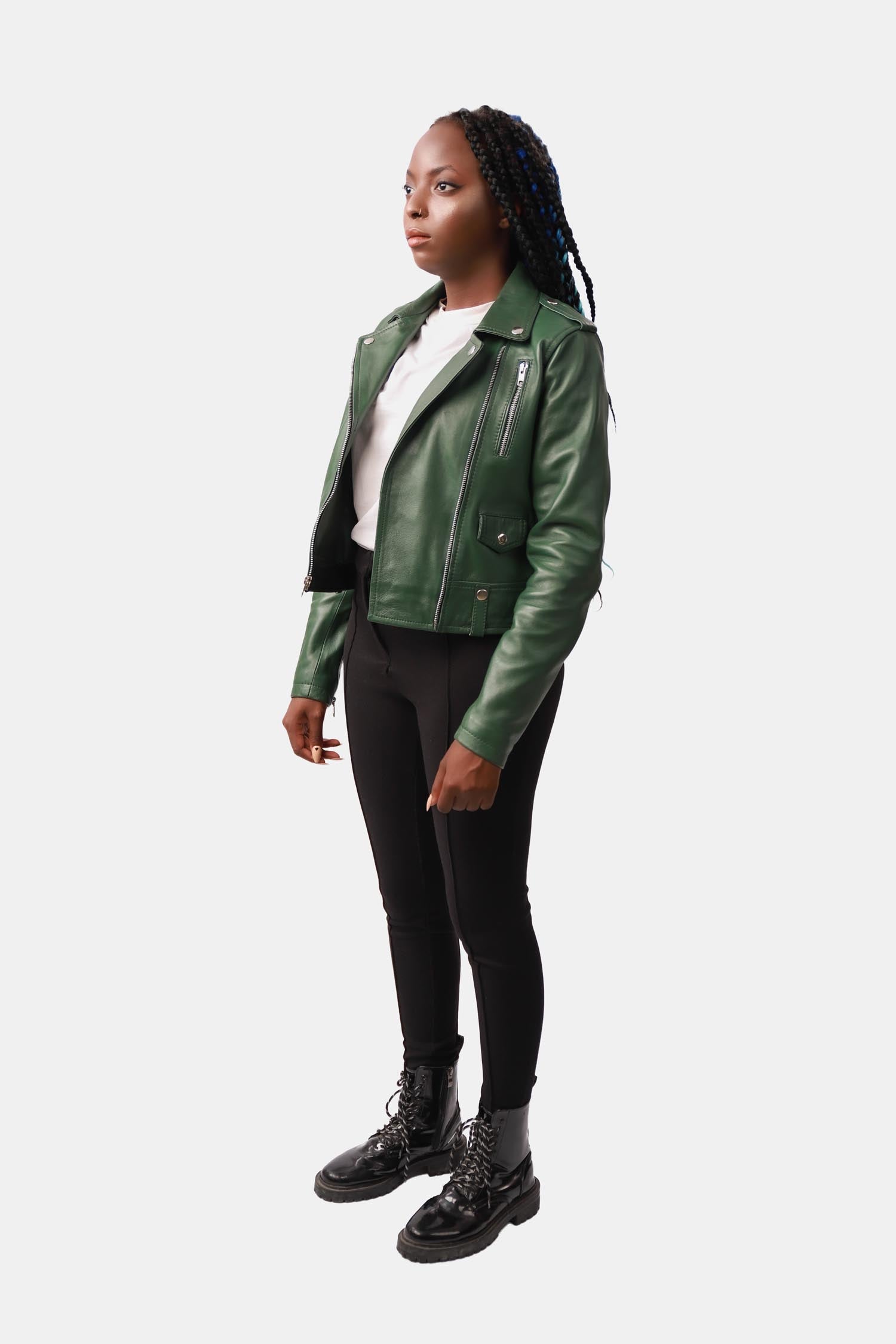 Mythic Dark Green Biker Leather Jacket For Women