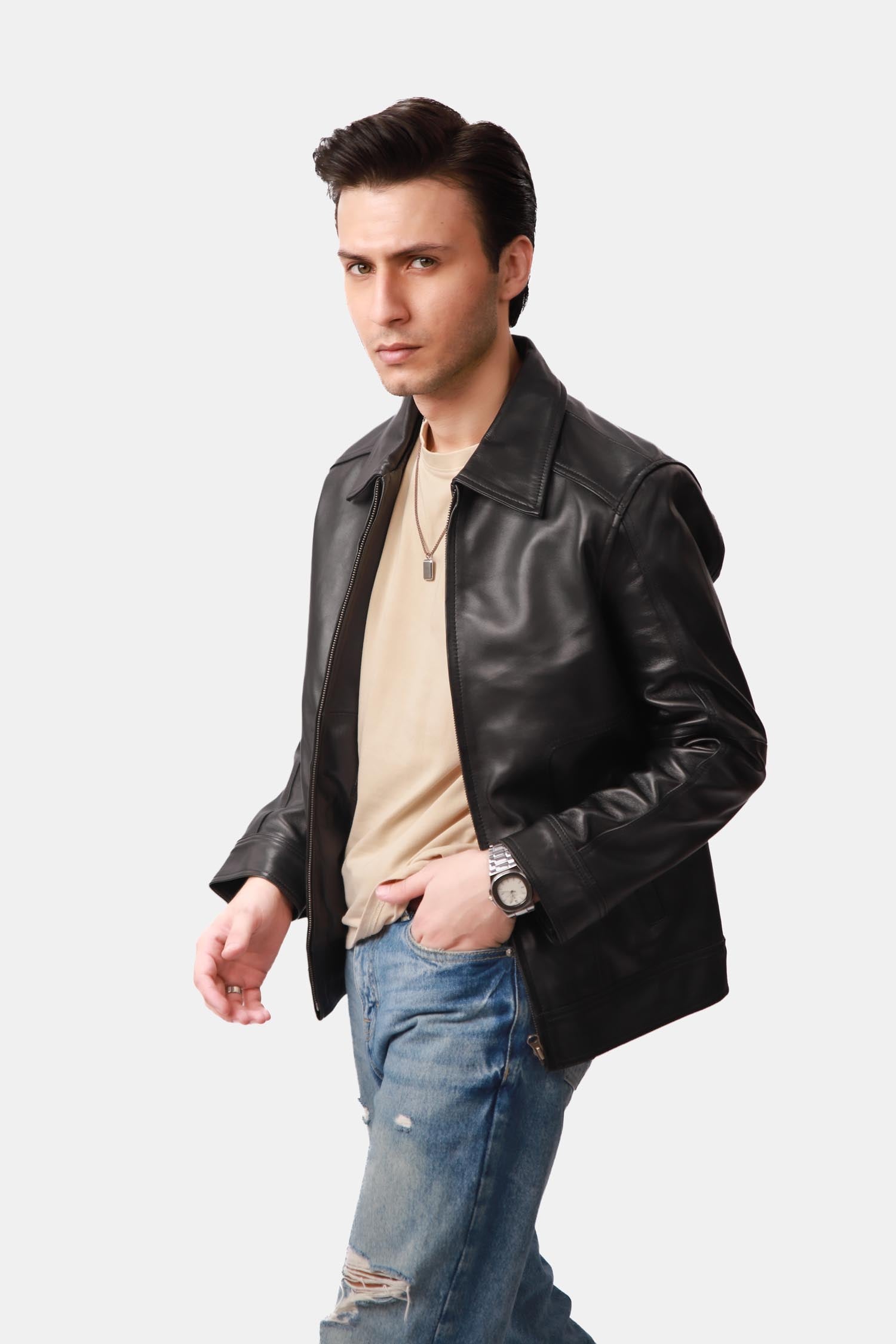 Obsidian Black Leather Biker Jacket For Men