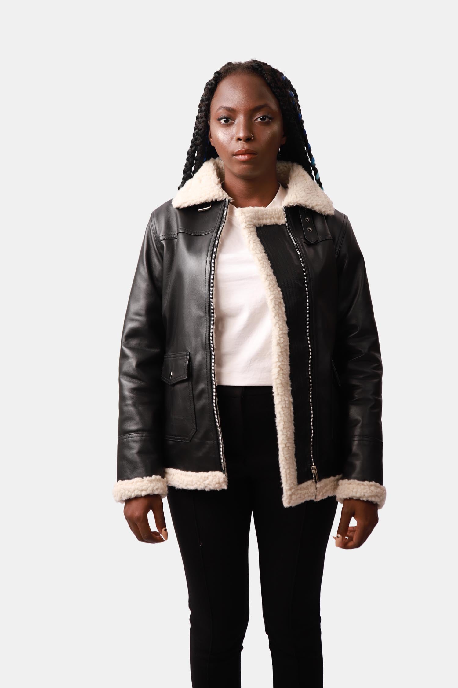Onyx Black Shearling B3 Bomber Leather Jacket For Women