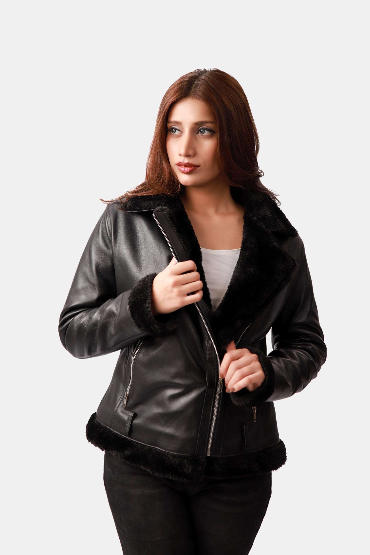 Outlaw Shearling Black Leather Biker Jacket For Women