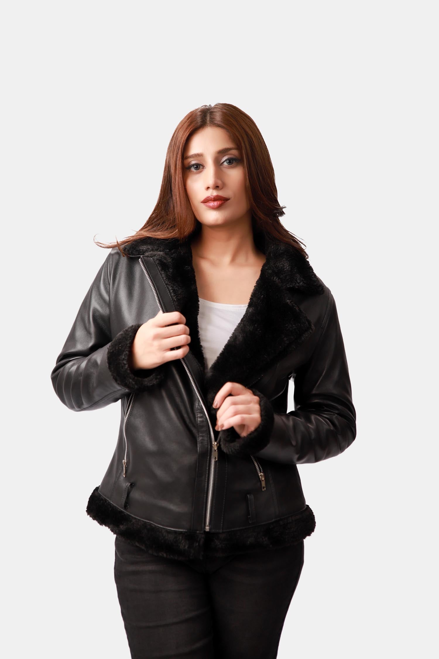 Outlaw Shearling Black Leather Biker Jacket For Women