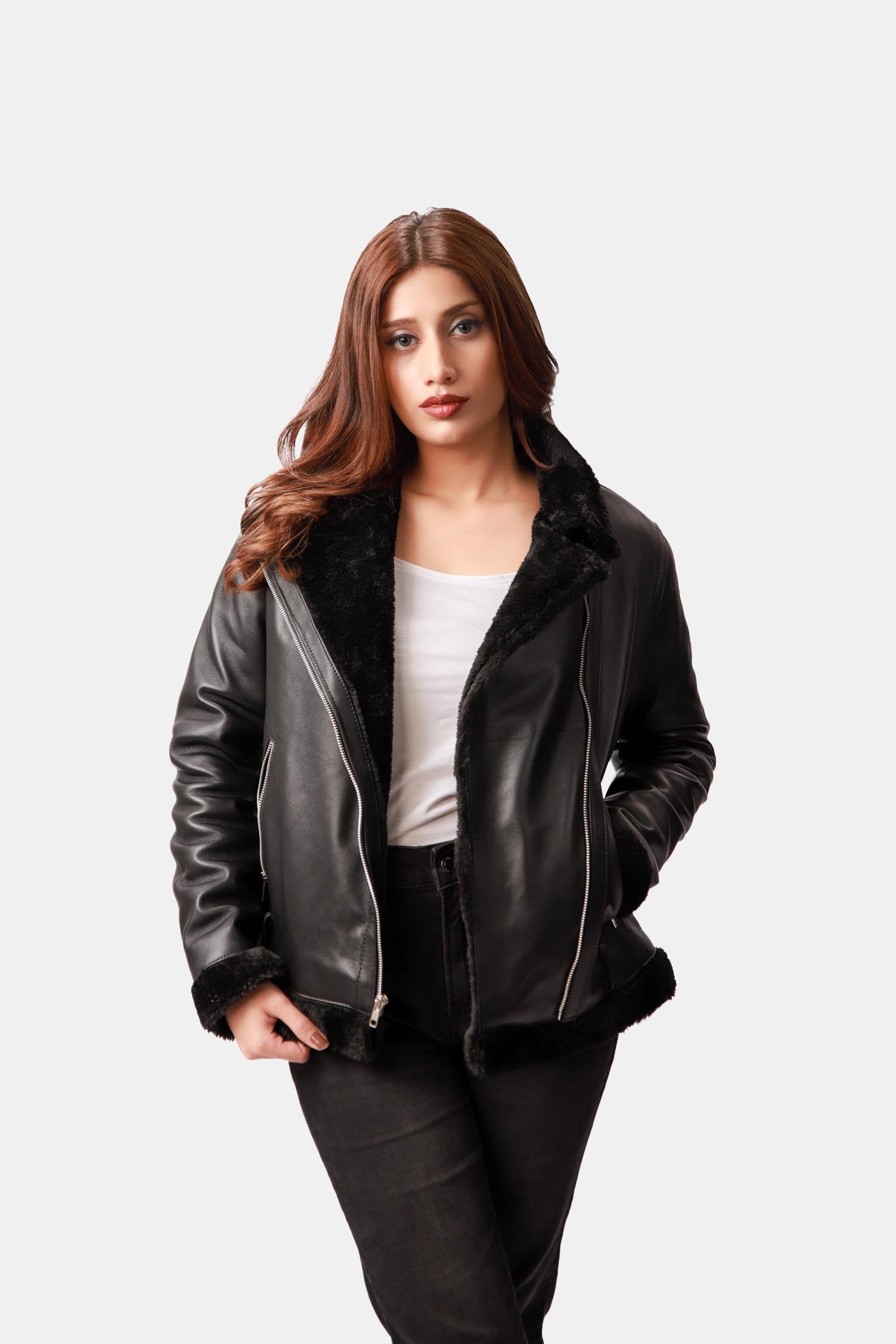 Outlaw Shearling Black Leather Biker Jacket For Women