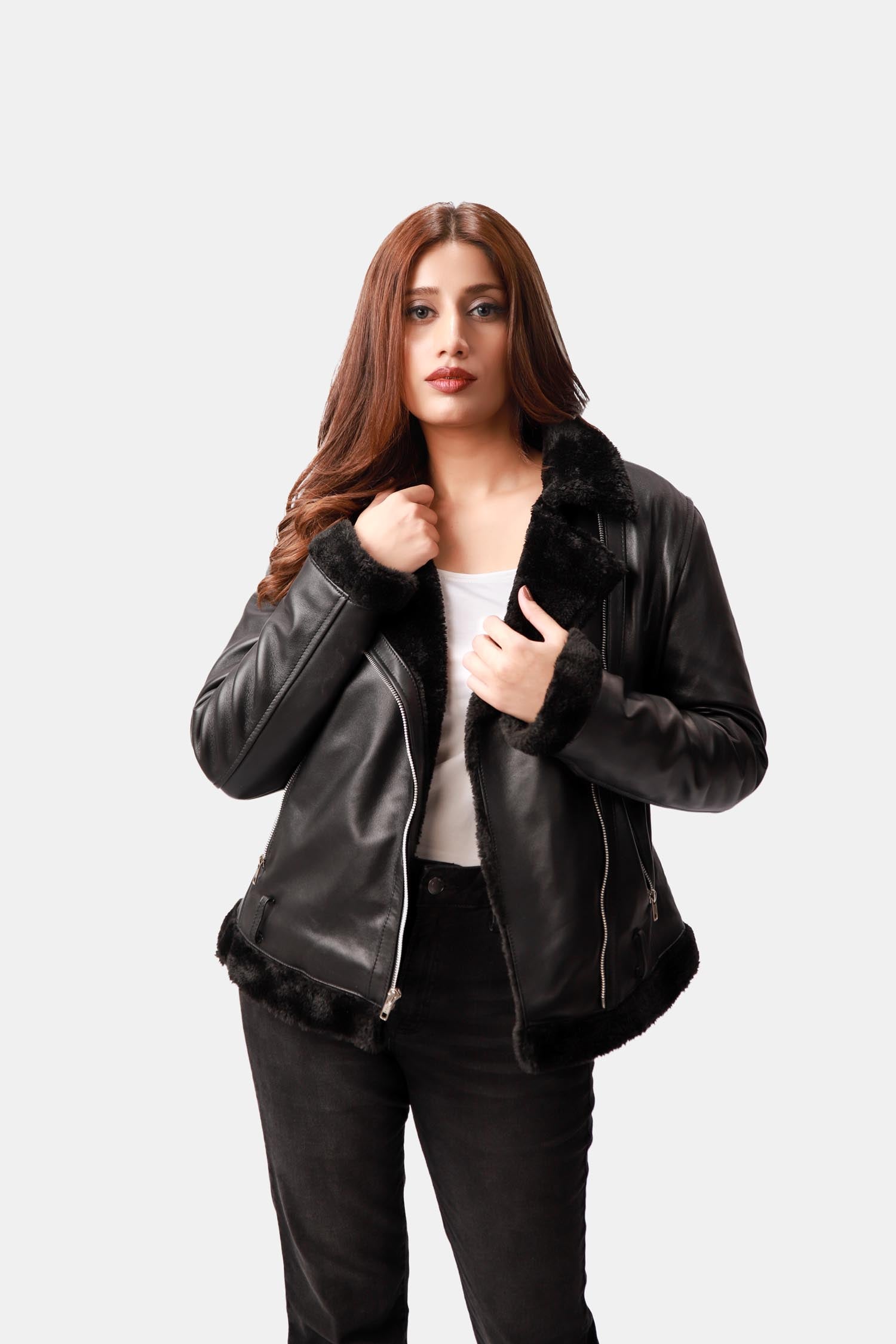 Outlaw Shearling Black Leather Biker Jacket For Women