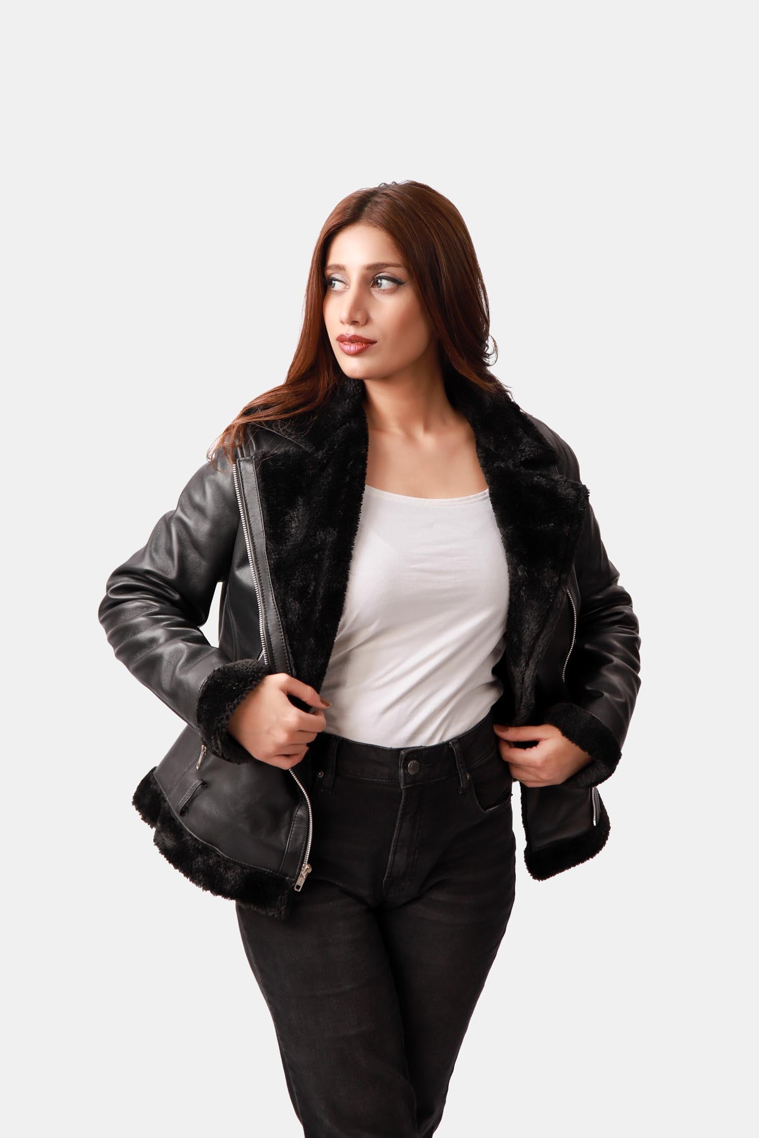 Outlaw Shearling Black Leather Biker Jacket For Women