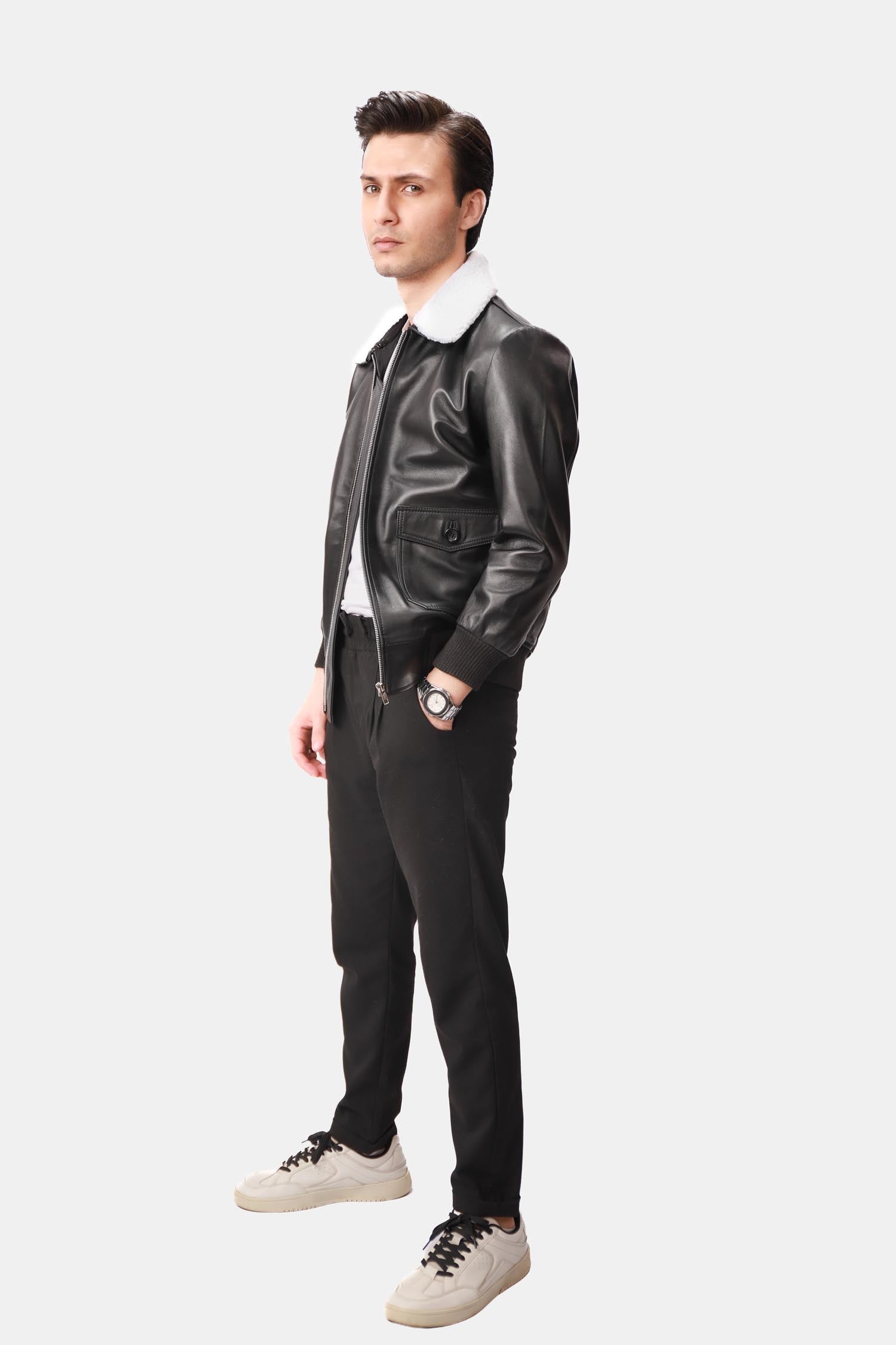 Black Leather-Shearling Bomber Jacket