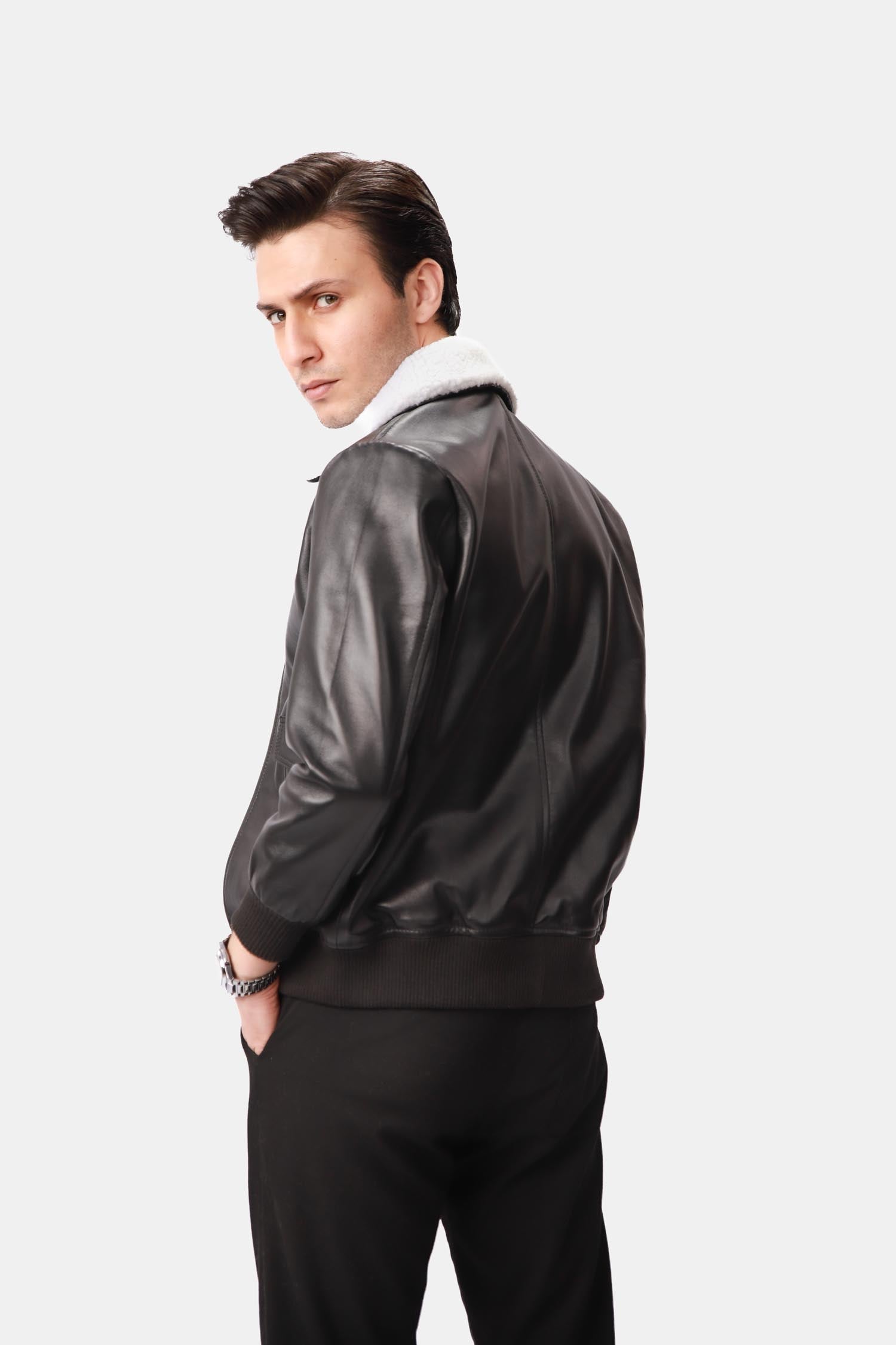 Black Leather-Shearling Bomber Jacket