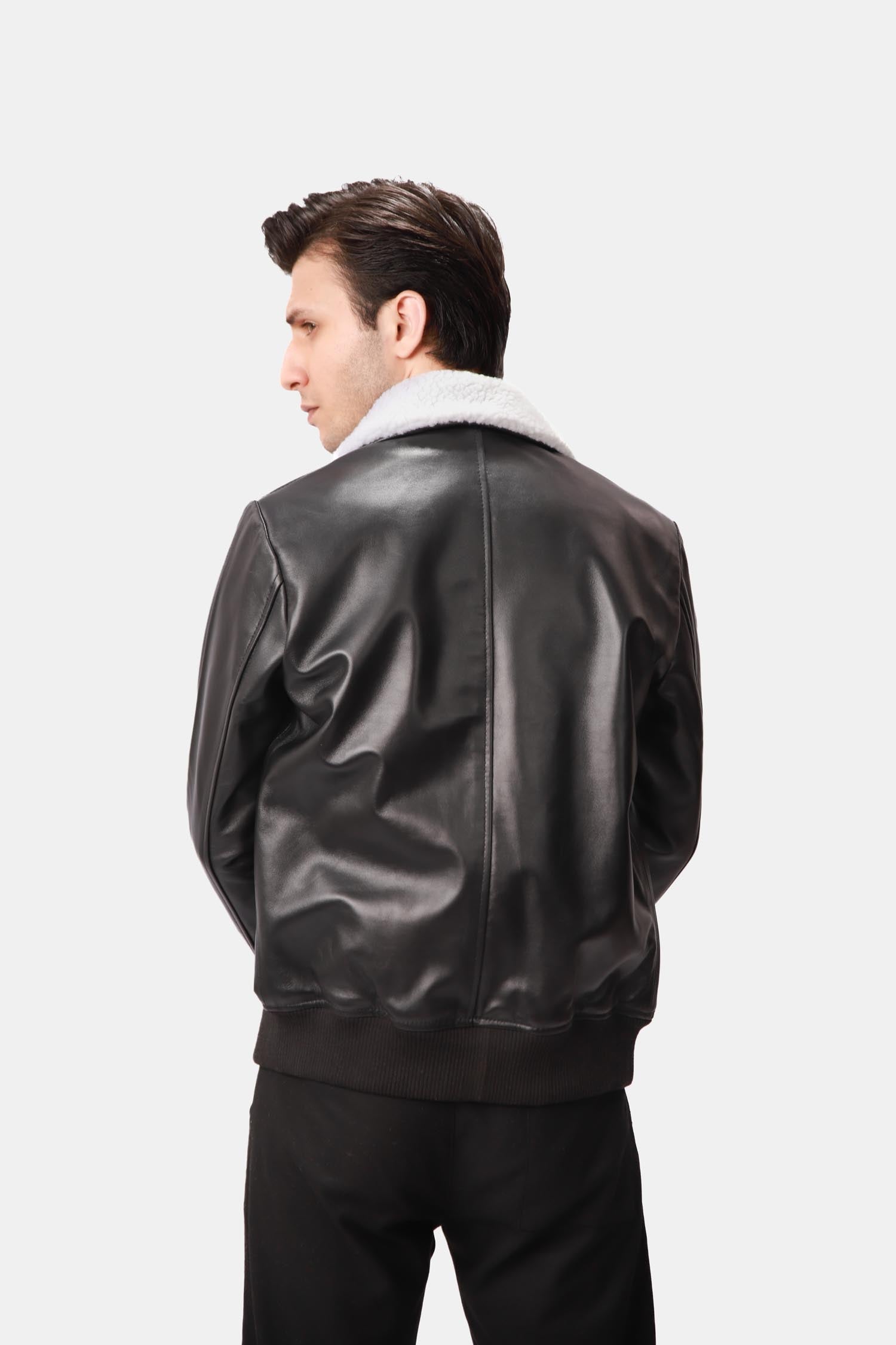 Black Leather-Shearling Bomber Jacket