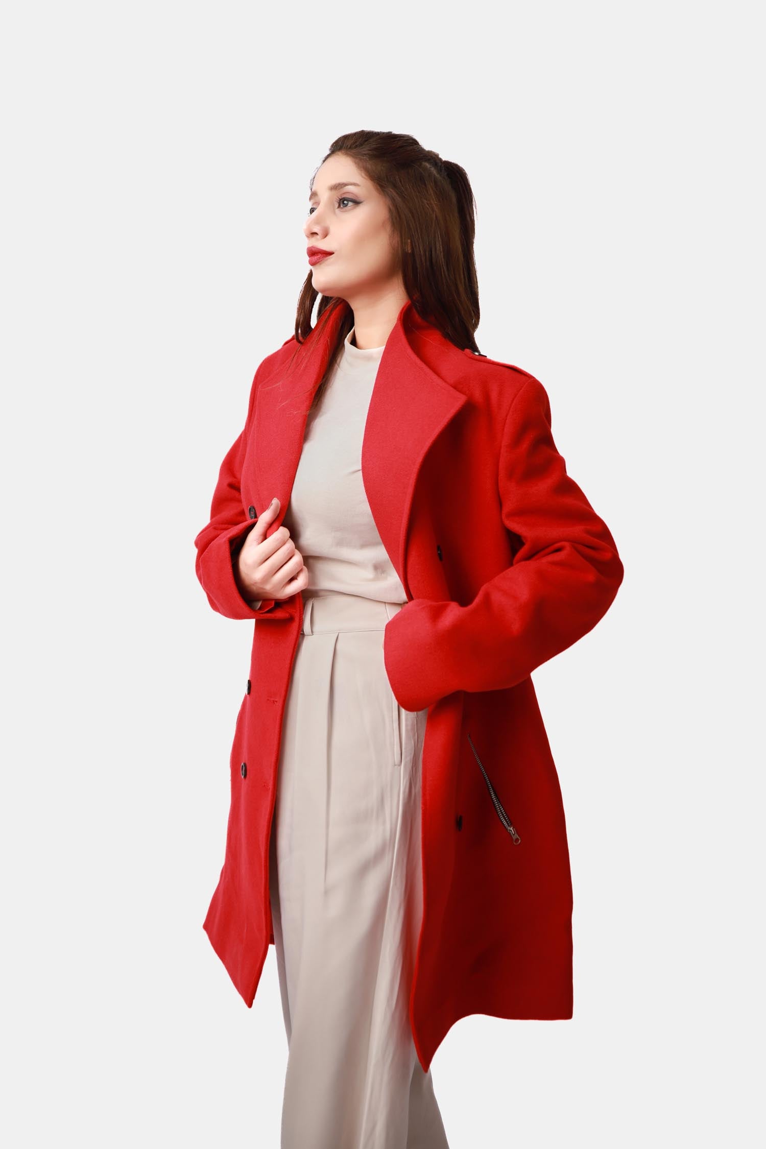 Petal Red Double-Breasted Wool Overcoat For Women