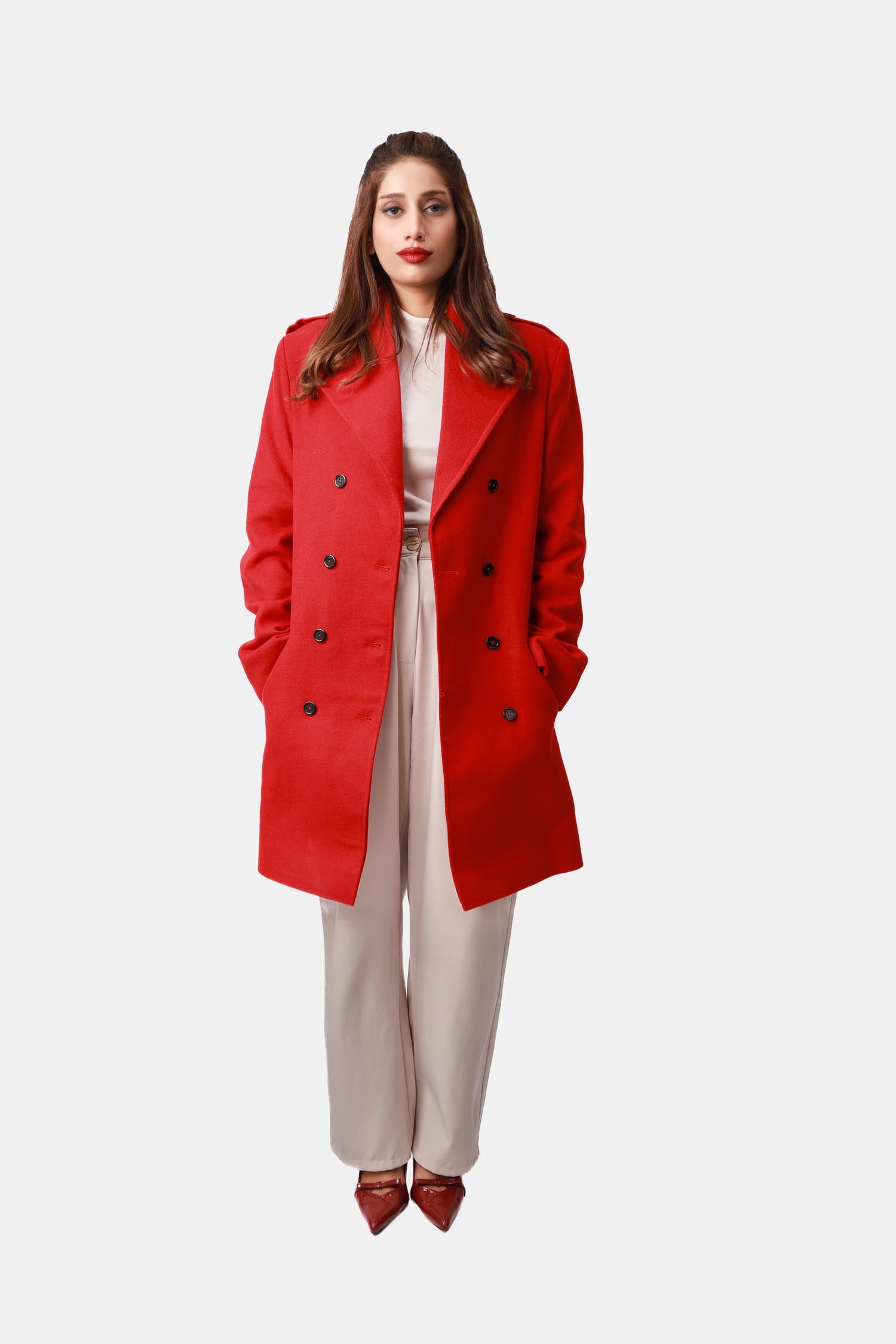 Petal Red Double-Breasted Wool Overcoat For Women